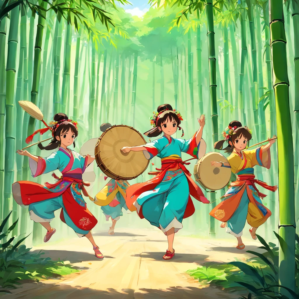 rural village background,bamboo forrest,Zhuang people,Sing mountain songs,Guangxi Mountain,a color,A group of women,girl,Zhuang costumes, Dance,Bamboo pole dance,Bamboo handicrafts,Bamboo pole dance,A group of ethnic groups with Guangxi Zhuang characteristics,Dance together,Fight monsters,Chase away the monsters,Zhuang Festival,Bang the gong and beat the drum,Zhuang costumes