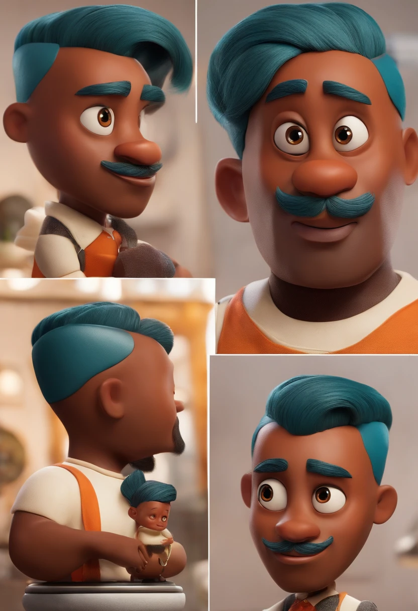 A Dream Barber Inspired by Pixar Animation, de perto. The character takes center stage with captivating facial expressions, oferecendo um toque de irrealidade, Pele escura, careca, barba curta e rosto redondo