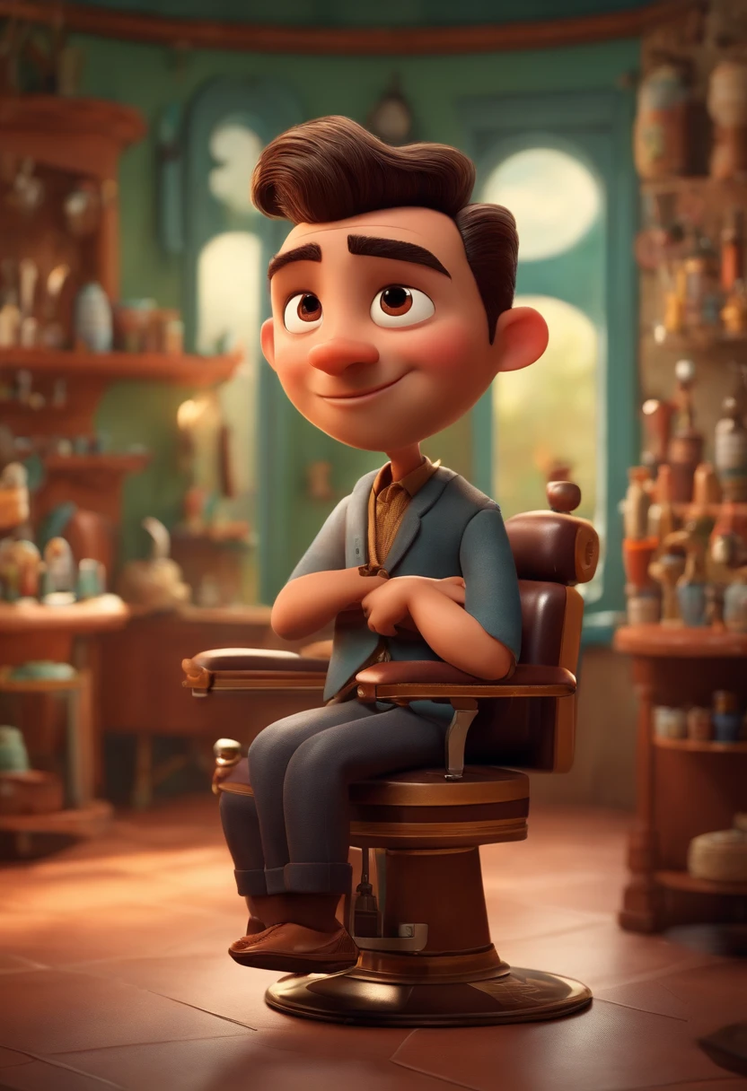 A Dream Barber Inspired by Pixar Animation, de perto. The character takes center stage with captivating facial expressions, oferecendo um toque de irrealidade, Pele escura, careca, barba curta e rosto redondo