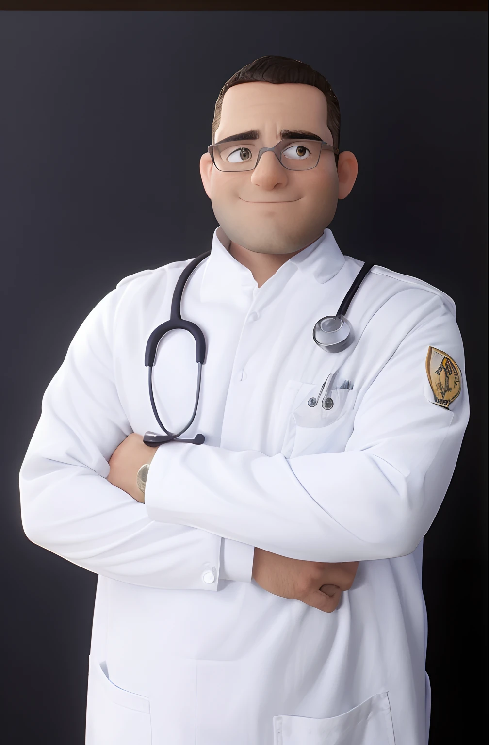 Handsome small male veterinarian 33 years old, huge head, cebelos corte militar, wearing thin-framed glasses of round gold, olhos altamente detalhados , whole body view, figuras de brinqued