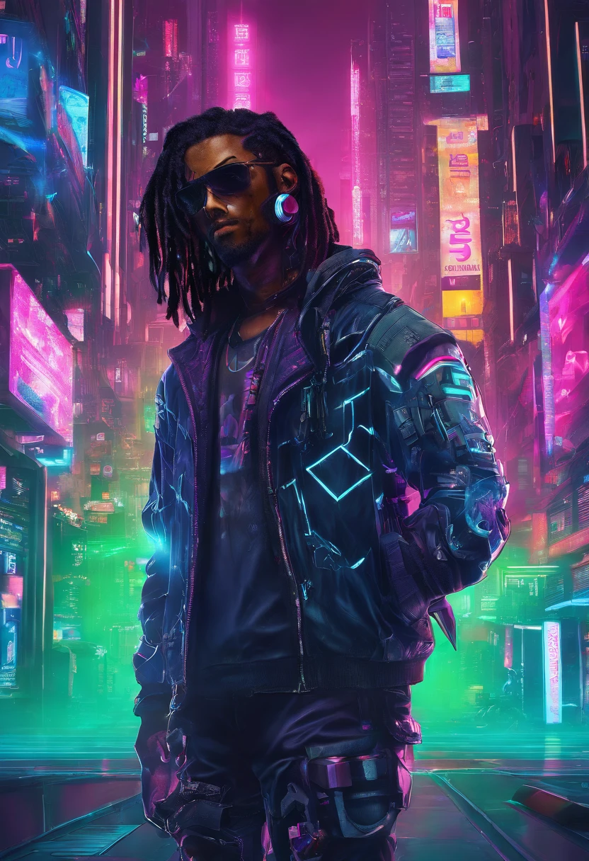 ((masculine)), ((1boy)), black dreadlocks, brown skin, black eyes, cowboy shot, ((ultra detailed neon cyberpunk futuristic city )), detailed and intricate ((cyberpunk city streets background)), featuring high-tech holographic projections and sleek architecture, (highly detailed photo realistic), sharp focus, ultra high quality, vibrant, (symmetrical detailed face:1.7), toned, masterpiece, (cinematic lighting), smoking weed, ((cyberpunk 2077 inspired)