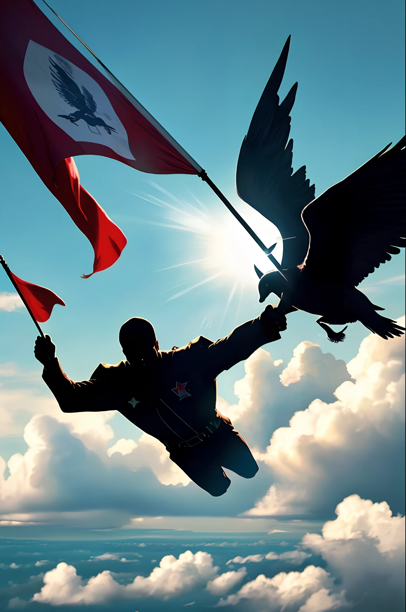 Maximum quality, advanced detail levels and cinematic style I want the image of a man flying over the clouds holding a flag written Peace,alta qualidade de detalhes