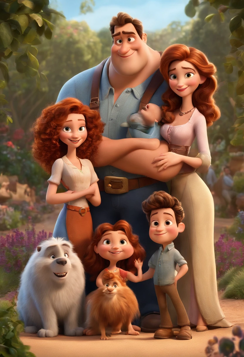a Disney Pixar movie poster showing a white-skinned family. The father is the tallest, Tem barba curta, loiro, cabelos curtos e espinhosos. The mother has brown eyes and hair, shoulder-length and is slightly overweight. A menina tem 4 anos e cabelos castanhos, roupa rosa e rabos de cavalo. The background is a beach garden. 3D-rendering