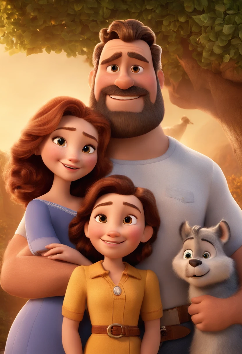 a Disney Pixar movie poster showing a white-skinned family. The father is the tallest, Tem barba curta, loiro, cabelos curtos e espinhosos. The mother has brown eyes and hair, shoulder-length and is slightly overweight. A menina tem 4 anos e cabelos castanhos, roupa rosa e rabos de cavalo. The background is a beach garden. 3D-rendering