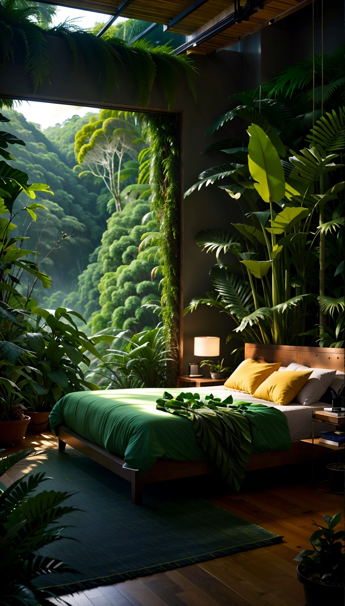 Sala de estar com vista para uma montanha e uma floresta, mountainous jungle setting, jungle setting, Como uma cena de Blade Runner, magical ambiance, pintura escura ultrarrealista, em um ambiente de selva, pleasant environment, floresta nublada, Selva bonita, ambiente mal-humorado, Selva exuberante, Inside an alien jungle, Plantas e selva, montanhas da floresta tropical, ambiente relaxante