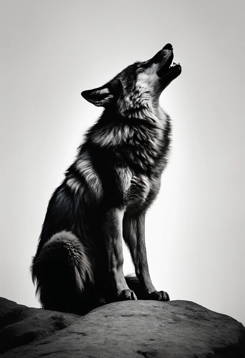 Black silhouette design of one wolf,Wolf howl,White background,Beautiful Silhouette,biologically correct