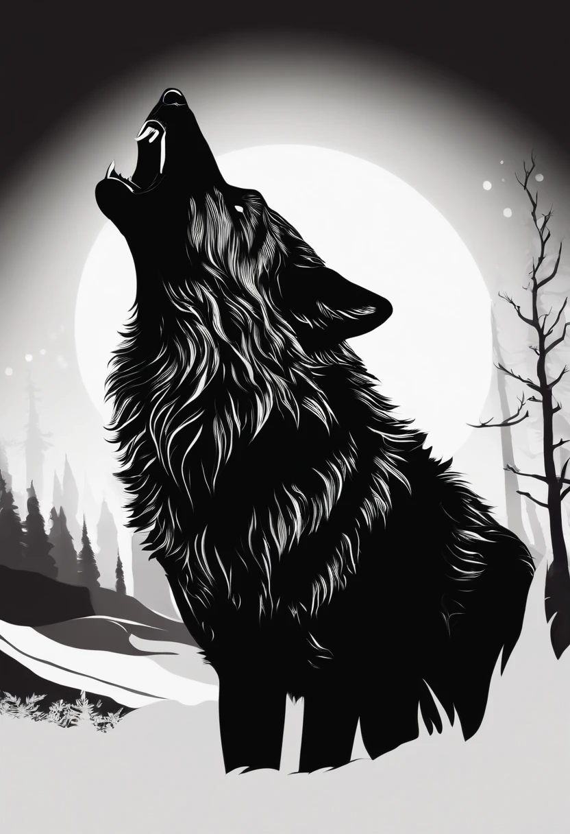 Black silhouette design of one wolf,Wolf howl,White background,Beautiful Silhouette,biologically correct