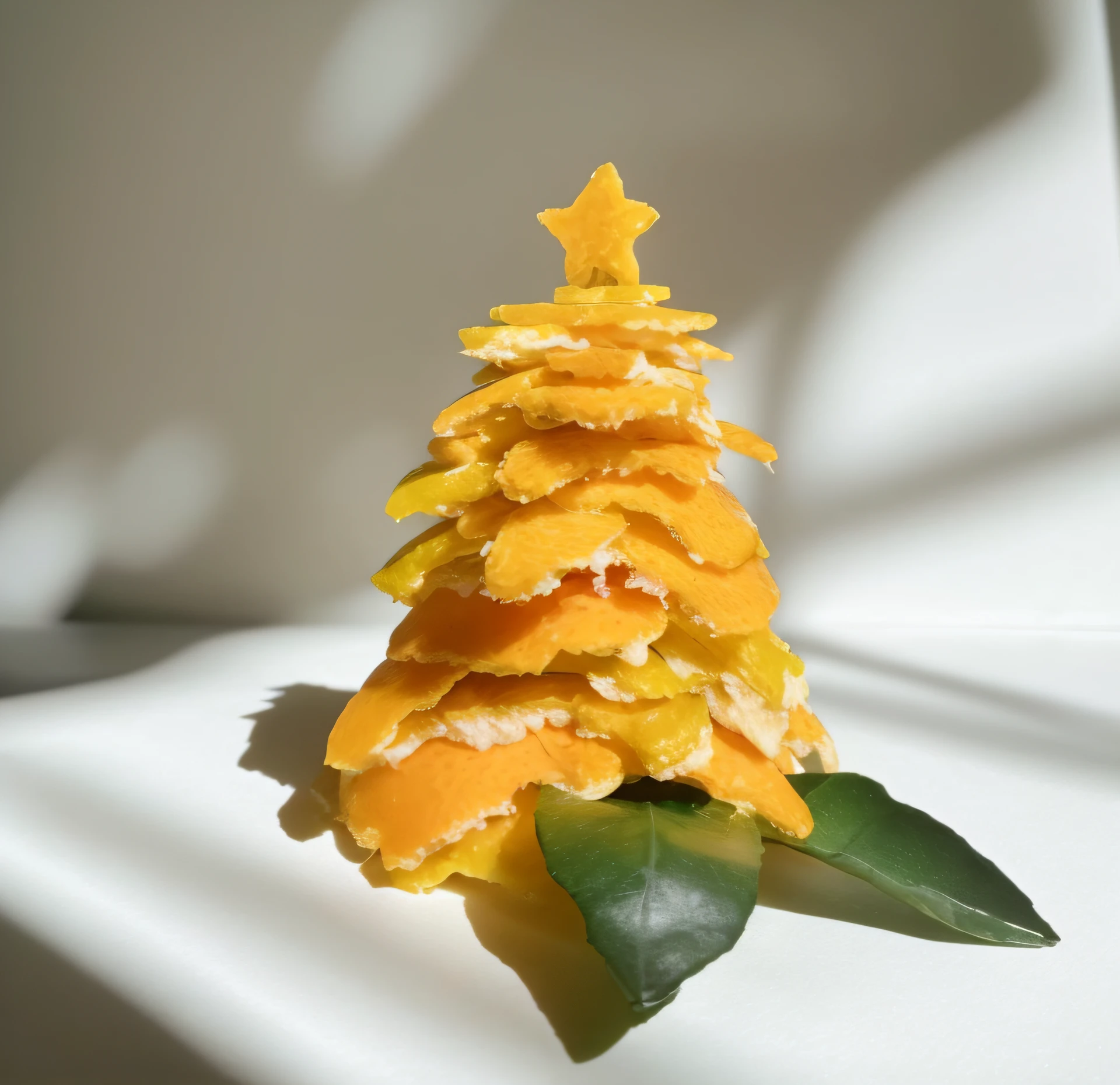 There is a small Christmas tree made of orange peels, michael angelo inspired, golden sacred tree, cheesy, made of cheese, made of food, 🐿🍸🍋, Christmas tree, food art, cone, butter sculpture, shades of gold display naturally, delicacy, warm, festivity, Holiday, enjoyable, Full of golden layers, with lemon skin texture