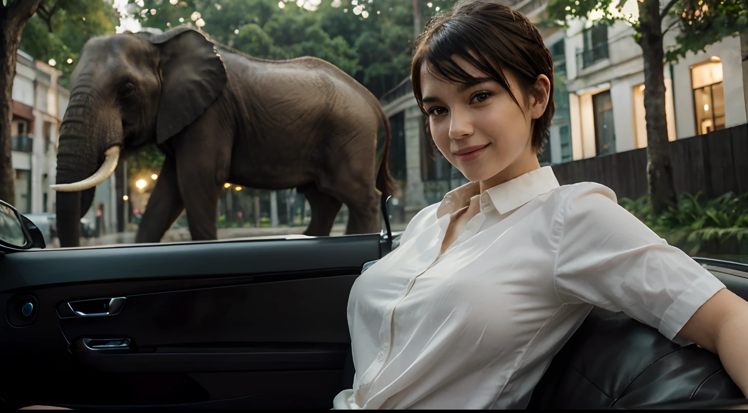 (64K,UHD,
 best quality, masterpiece), (realistic, photo-realistic:1.37), ultra-detailed, 1 girl, cute, solo, beautiful detailed sky, detailed cafe, night, sitting, dating, (nose blush), (smile:1.15), (closed mouth) small breasts, beautiful detailed eyes, (collared shirt:1.1), night, wet, business attire, rain, white lace, (short hair:1.2), floating hair NovaFrogStyle, topless,she ride While Elephant, Forest Background, high details,