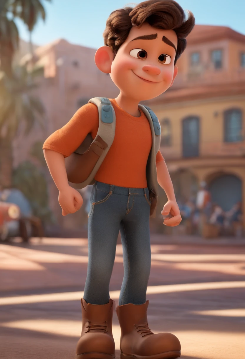 um homem moreno claro, aproximadamente 100 kilos, careca, rosto quadrado, round head, breve, barba curta, olhos castanhos, com fones de ouvido, A music studio in the background, Imagem no estilo Pixar, Estilo de filme animado 3D, Disney, camiseta preta