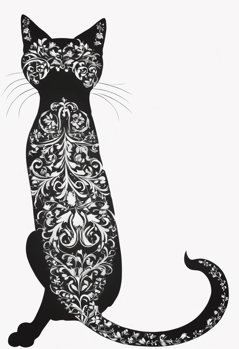 Black silhouette design of one cat，White background，biologically correct，The tail is in the shape of a heart