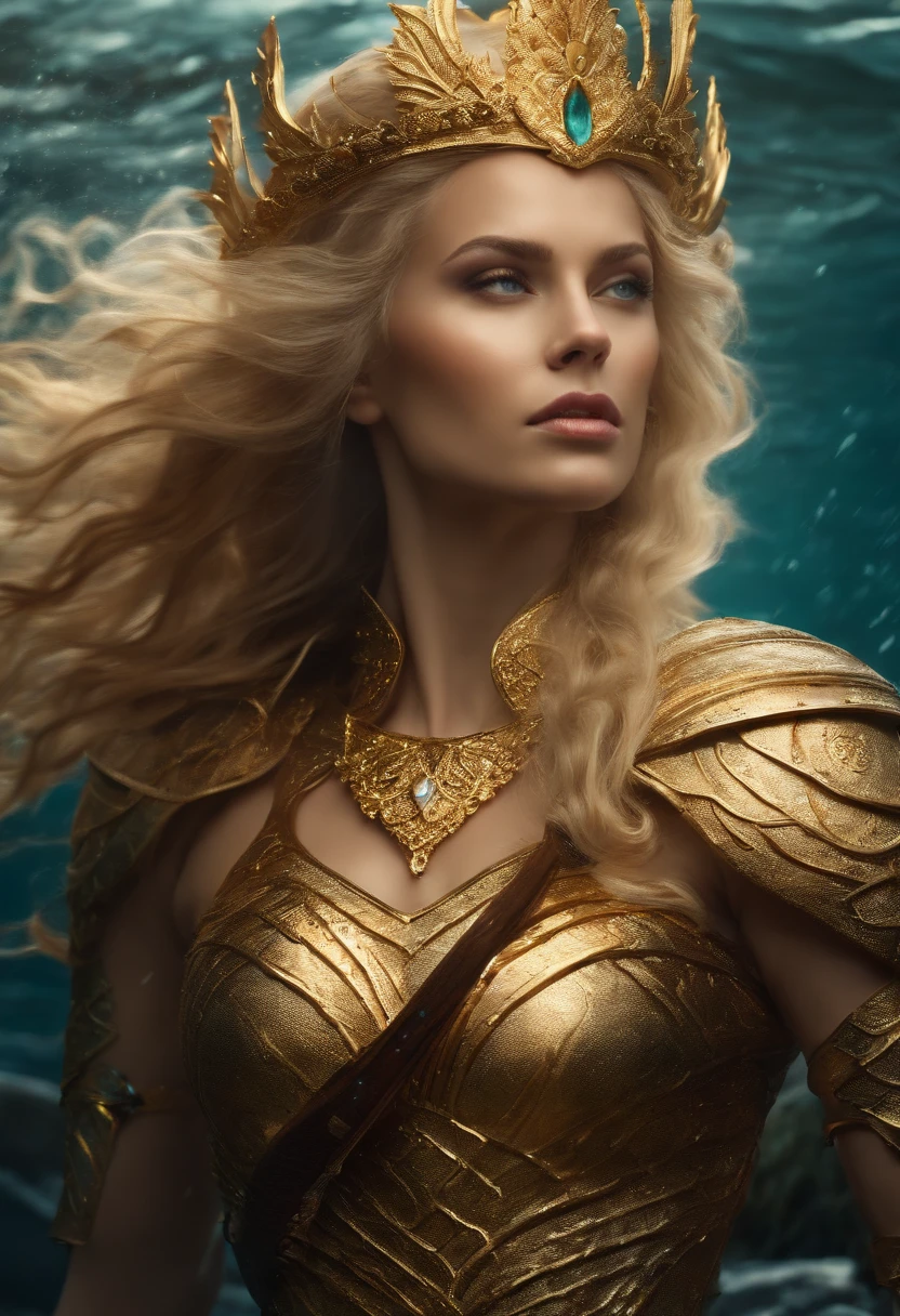 A woman in a gold dress and crown standing in the water - SeaArt AI