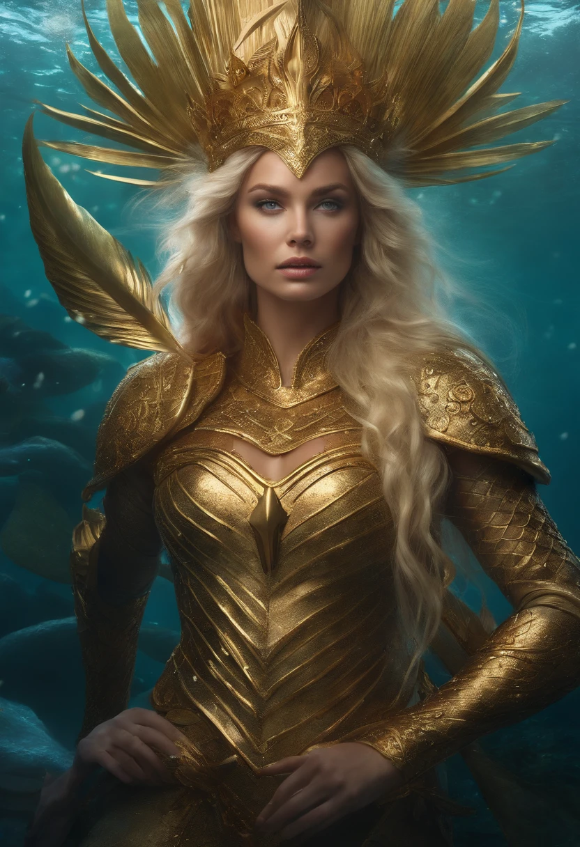 Warrior queen of the mermaids, blonde with golden armor, trident crown and hair in the wind, controlling the water around her magic