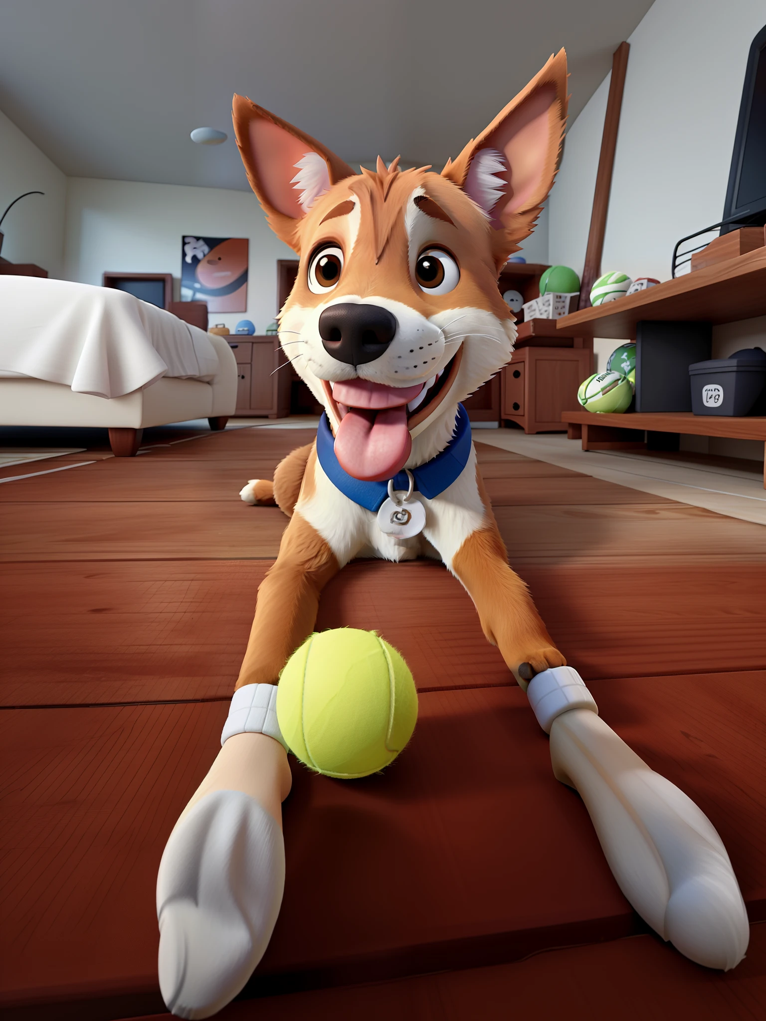 2 dog caramel color and white chest with tongue sticking out playing with a tennis ball in the middle of the room
