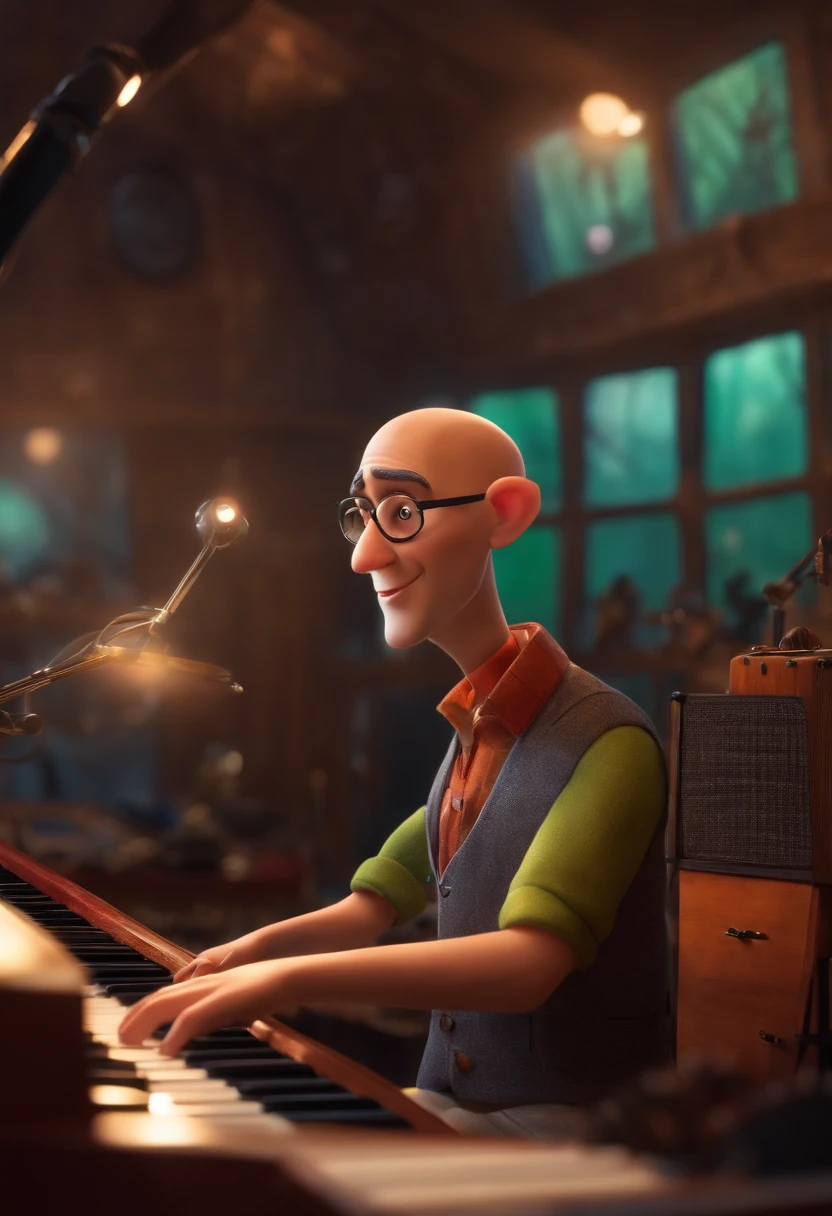 A musician inspired by Pixar animation. The character is at the center in a recording studio. he has no hair, tem pele escura, barba curta.