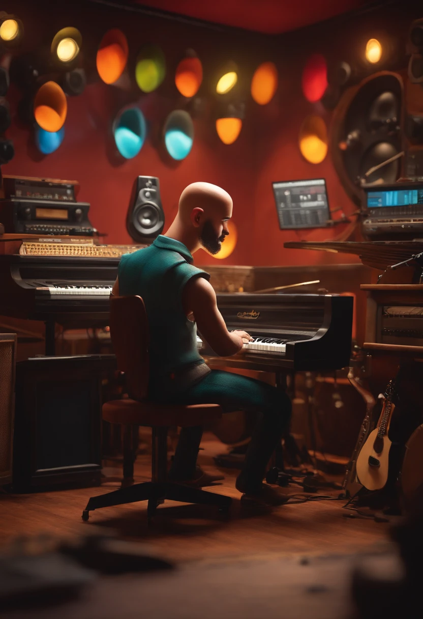 A musician inspired by Pixar animation. The character is at the center in a recording studio. he has no hair, tem pele escura, barba curta.
