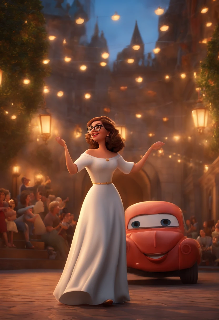 "(best quality,ultra-detalhado,Realistic:1.37),3D rendering,illustration,design de personagens,cabelos curtos e cacheados escuros,belos olhos detalhados,wearing white glasses,Estilo Pixar,morena mulher,Dancing on the Disney stage,atmosfera animada,vivid colors,luzes de palco,expression joyful"