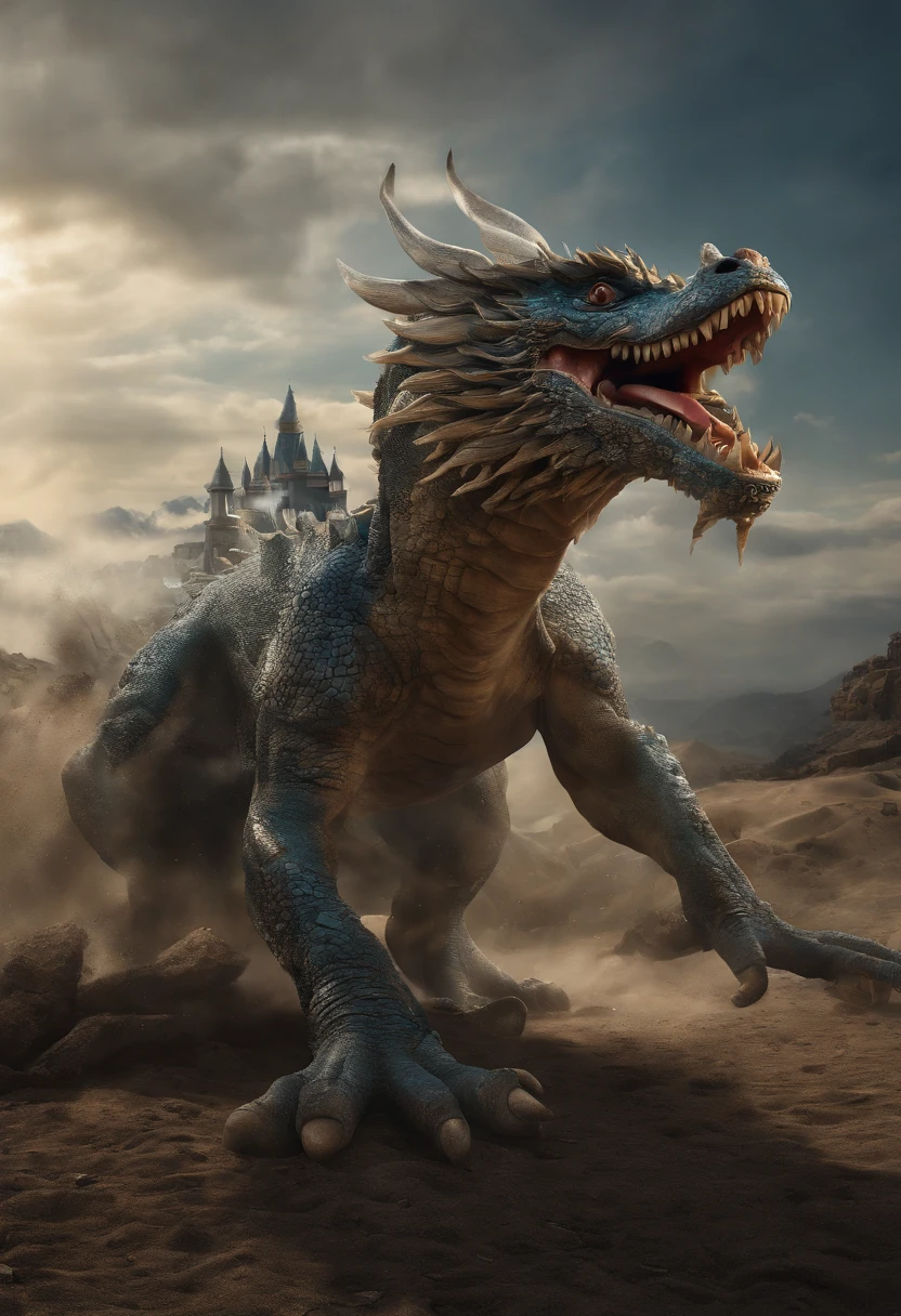 Asian-style blue dragon flying around a football stadium、The blue dragon's body is long and wavy like a large snake, and a blue and white flag is held in his right hand. Ele deita fogo pela boca. A child boy hugs the dragon [objeto Objeto], (detailed facial features:1.3), (Foto RAW, 16 mil, masutepiece, melhor qualidade: 1.2), (Ultrarrealismo, Realismo ultradenso e complexo: 1.3), (Ampla profundidade de campo, Radiation Mapping, ray tracing, raios de deus: 1.2), high dynamic range, Vivid, Detalhes ricos, Sombras e realces claros, Realistic, formidable, aumento do contraste, 4k