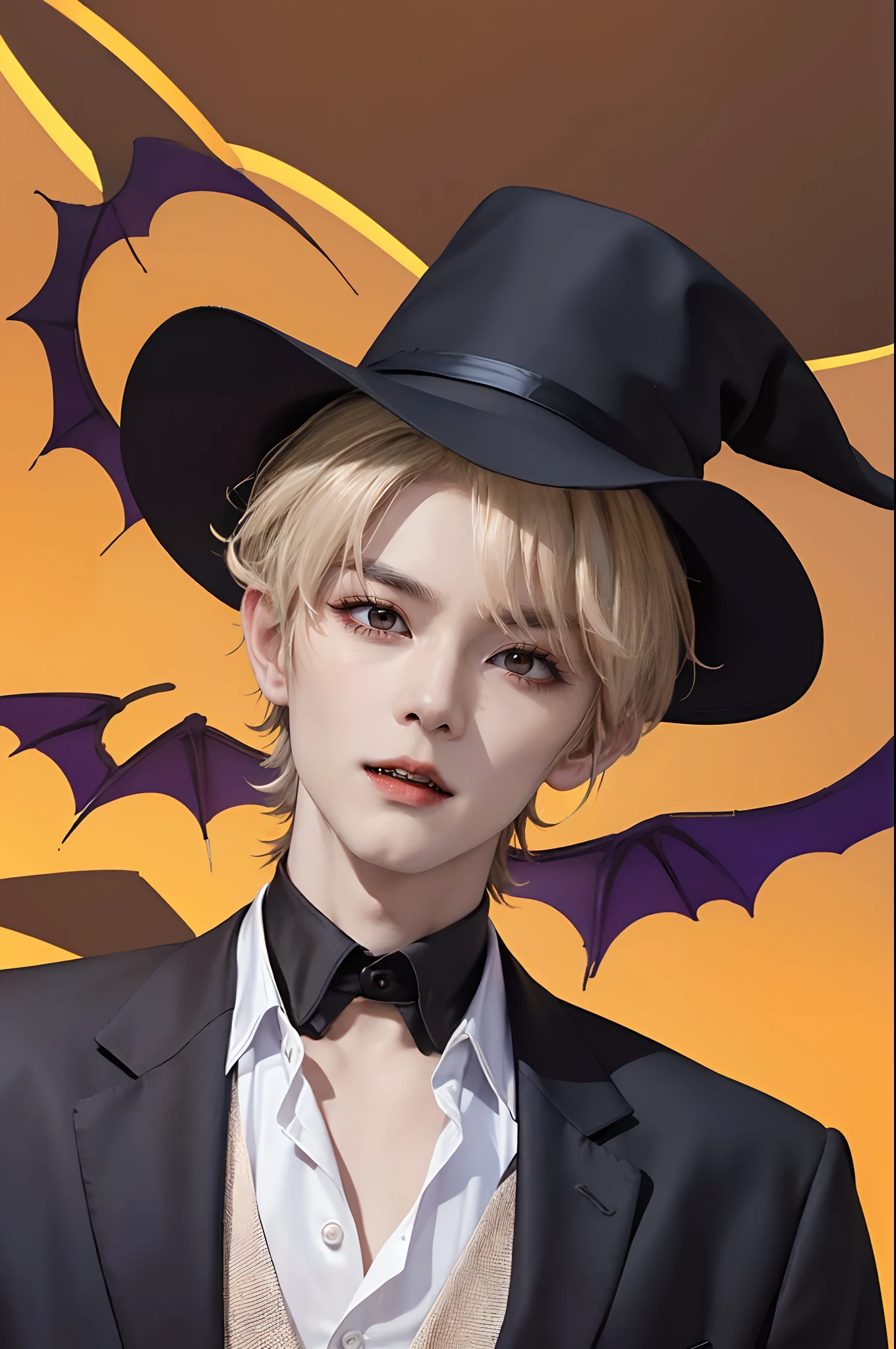 ((4K works))、​masterpiece、（top-quality)、((high-level image quality))、((One Manly Boy))、((Vampire Man))、Slim body、((Fashion of an attractive vampire man))、((Halloween Fashion))、((Halloween costumes))、(Detailed beautiful eyes)、Halloween decorating room、Halloween、Face similar to Chaewon in Ruseraphim、((short hair above the ears))、((Smaller face))、((Neutral face))、((Light brown eyes))、((White hair))、((Korean boy))、((18year old))、((Handsome man))、((Halloween Makeup))、((elongated and sharp eyes))、((Like a celebrity))、Halloween Photography、((Shot alone))、((Shot diagonally from the side))、((Upper body photography))、((Halloween costumes))、((Vampire costume))、Horror Pictures