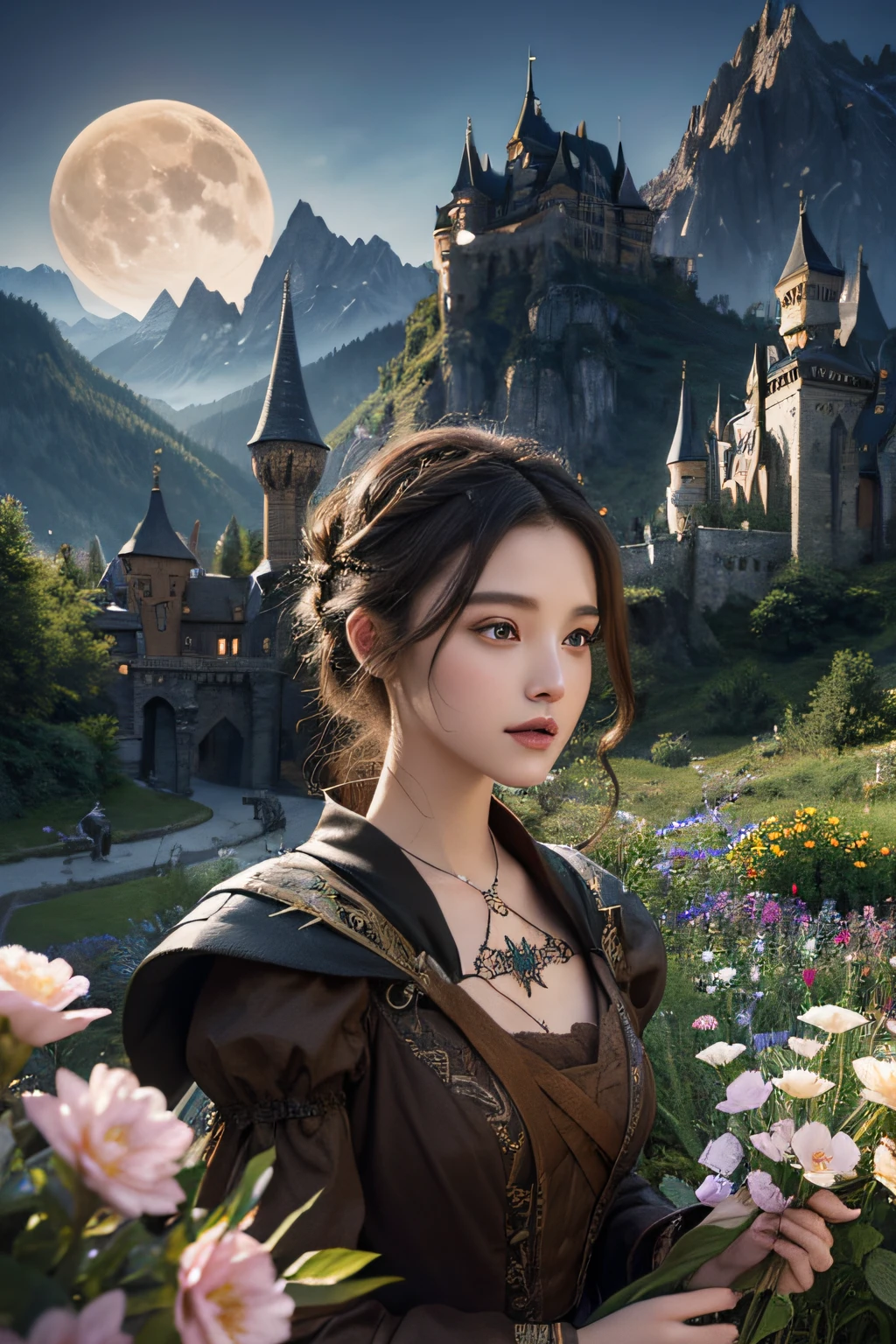 (Masterpiece),(Best quality), illustration, (fantasy:1.4), witch, Cute detailed digital art, Beautiful face, Brown hair, Hair up, Castle, Mountain, Long dark dress, a moon, Flowers , Paper_cut