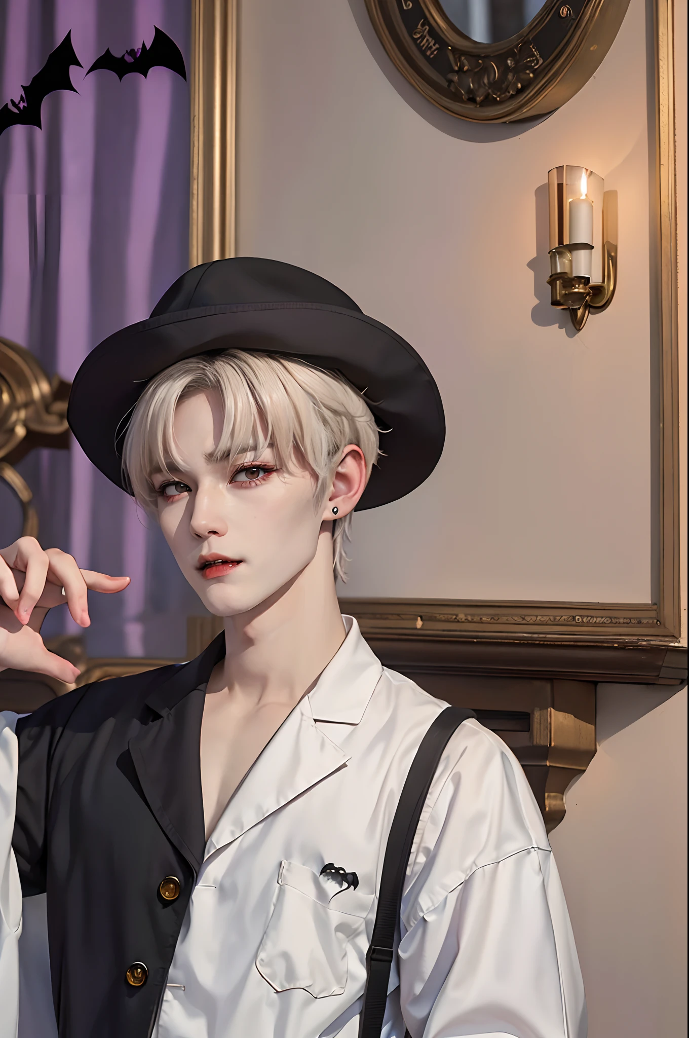 ((4K works))、​masterpiece、（top-quality)、((high-level image quality))、((One Manly Boy))、((Vampire Man))、Slim body、((Fashion of an attractive vampire man))、((Halloween Fashion))、((Halloween costumes))、(Detailed beautiful eyes)、Halloween decorating room、Halloween、Face similar to Chaewon in Ruseraphim、((short hair above the ears))、((Smaller face))、((Neutral face))、((Light brown eyes))、((White hair))、((Korean boy))、((18year old))、((Handsome man))、((Halloween Makeup))、((elongated and sharp eyes))、((Like a celebrity))、Halloween Photography、((Shot alone))、((Shot diagonally from the side))、((Upper body photography))、((Halloween costumes))、((Vampire costume))、Horror Pictures