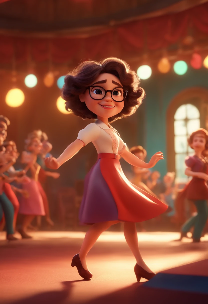 Magem Pixar Style with 3D Character Brunette Woman White Glasses Short Curly Hair Dancing on Stage Disney