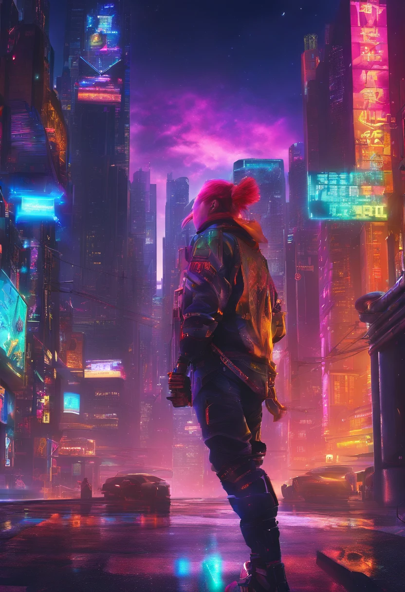The most beautiful futuristic space boy, rainbow colour hair, a purple eye, Wear a hoodie, graphic t shirt, Ripped skinny jeans and highly refined technologically futuristic gear, Suspended in the future high-tech city，Starcloud，Very detailed background, Perfect masterpiece, High quality, high resolution，large scene，