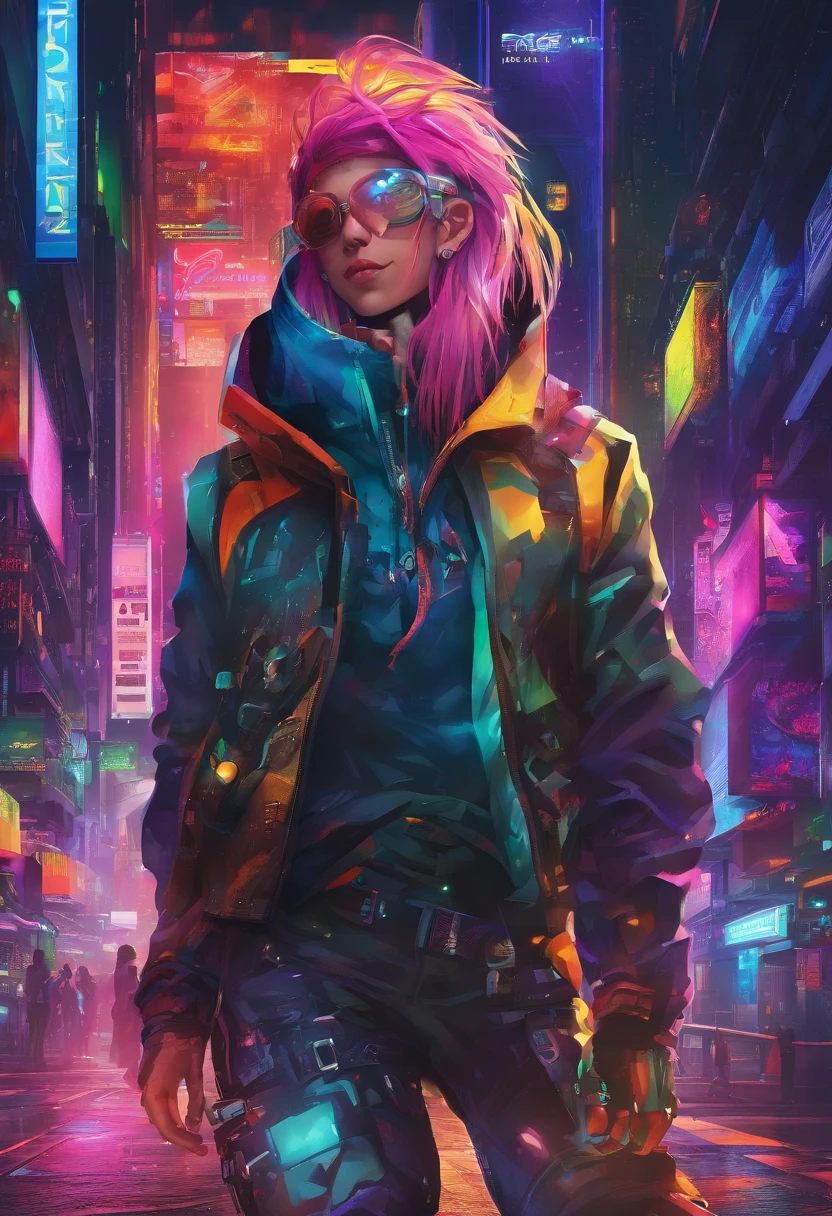 The most beautiful futuristic space boy, rainbow colour hair, a purple eye, Wear a hoodie, graphic t shirt, Ripped skinny jeans and highly refined technologically futuristic gear, Suspended in the future high-tech city，Starcloud，Very detailed background, Perfect masterpiece, High quality, high resolution，large scene，