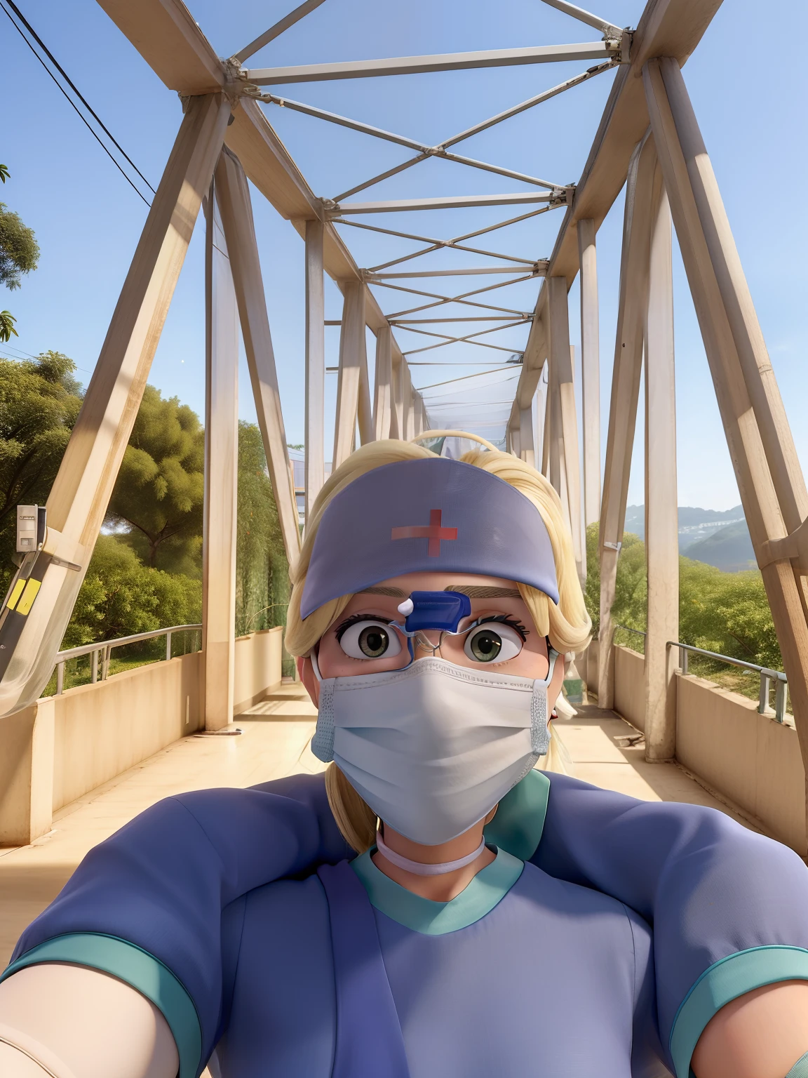obra-prima, melhor qualidade, Blonde Nurse with a surgical mask putting on gloves in hospital, roupa de enfermeira branca