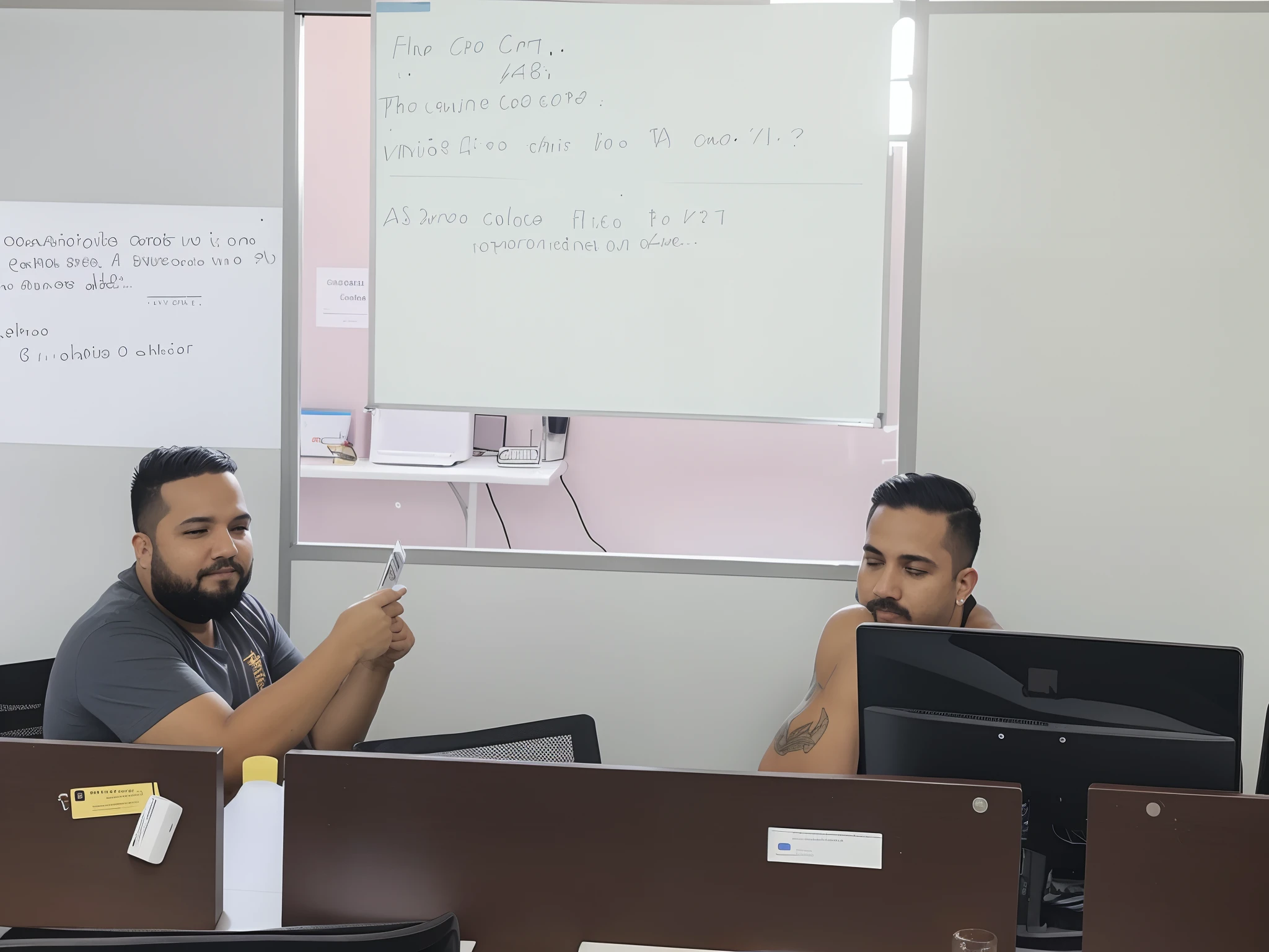 There are two men sitting at a table with computers in front of them, basic photography, Postagem no Reddit, maintenance photography, working in an office, em uma sala de aula, Colegas, fotografia, at office, fotografia descoberta, imagem completa, Foto DSRL, Hidari e Vlop, imagem profunda, Capturado no iPhone, Directed by: Byron Galvez, #Oc, # Oc