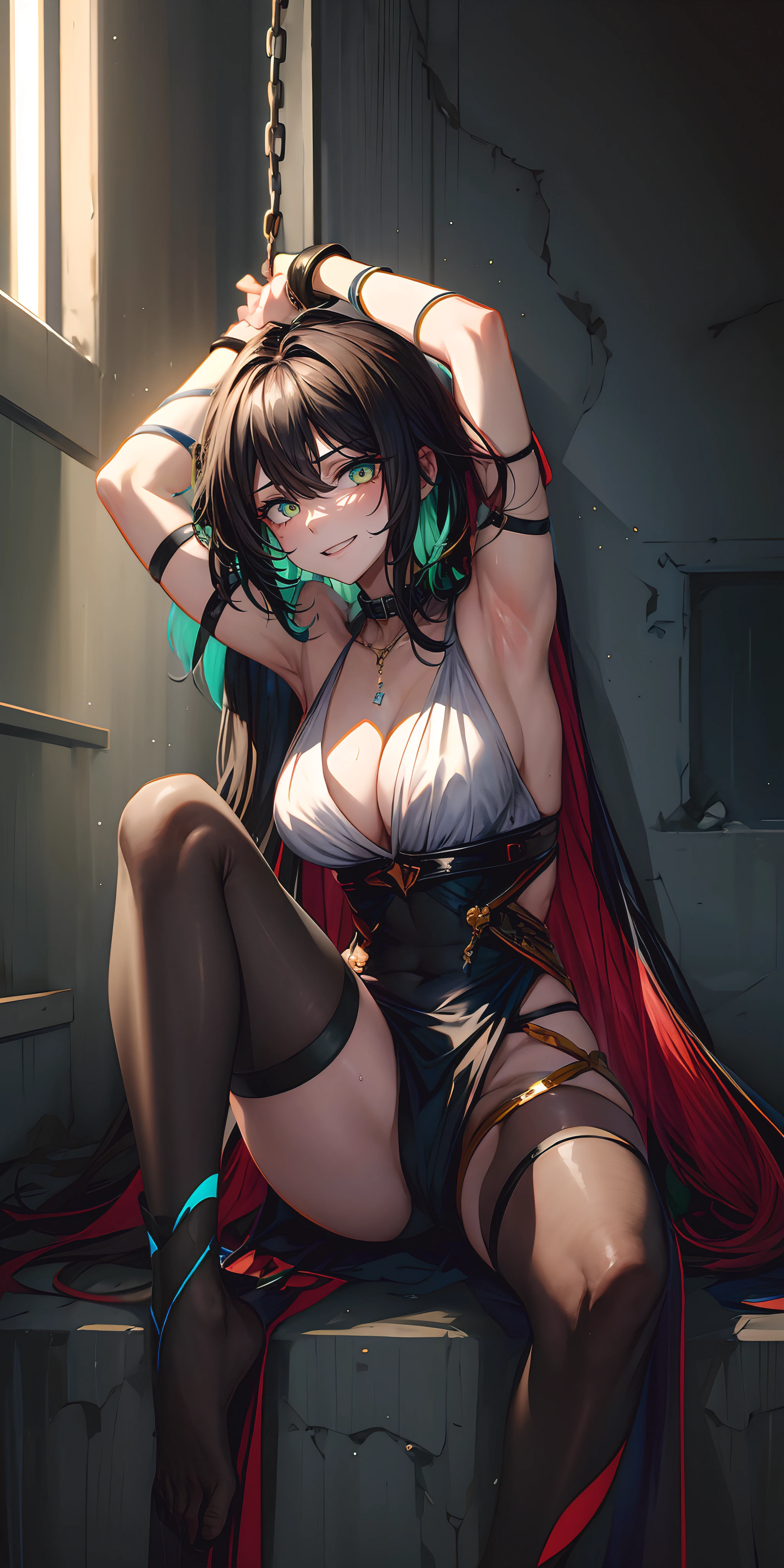 wendy herrscher, 1girl, black_hair, breasts, long_hair, large_breasts, shackles, cuffs, solo, armpits, chained, very_long_hair, handcuffs, black_eyes, sitting, looking_at_viewer, bdsm, covered_navel, see-through, cleavage, bound, navel, black_legwear, swimsuit, "long shot scenic professional photograph of {prompt}, perfect viewpoint, highly detailed, wide-angle lens, hyper realistic, with dramatic sky, polarizing filter, natural lighting, vivid colors, everything in sharp focus, HDR, UHD, 64K", anime coloring, anime screencap, sweating,