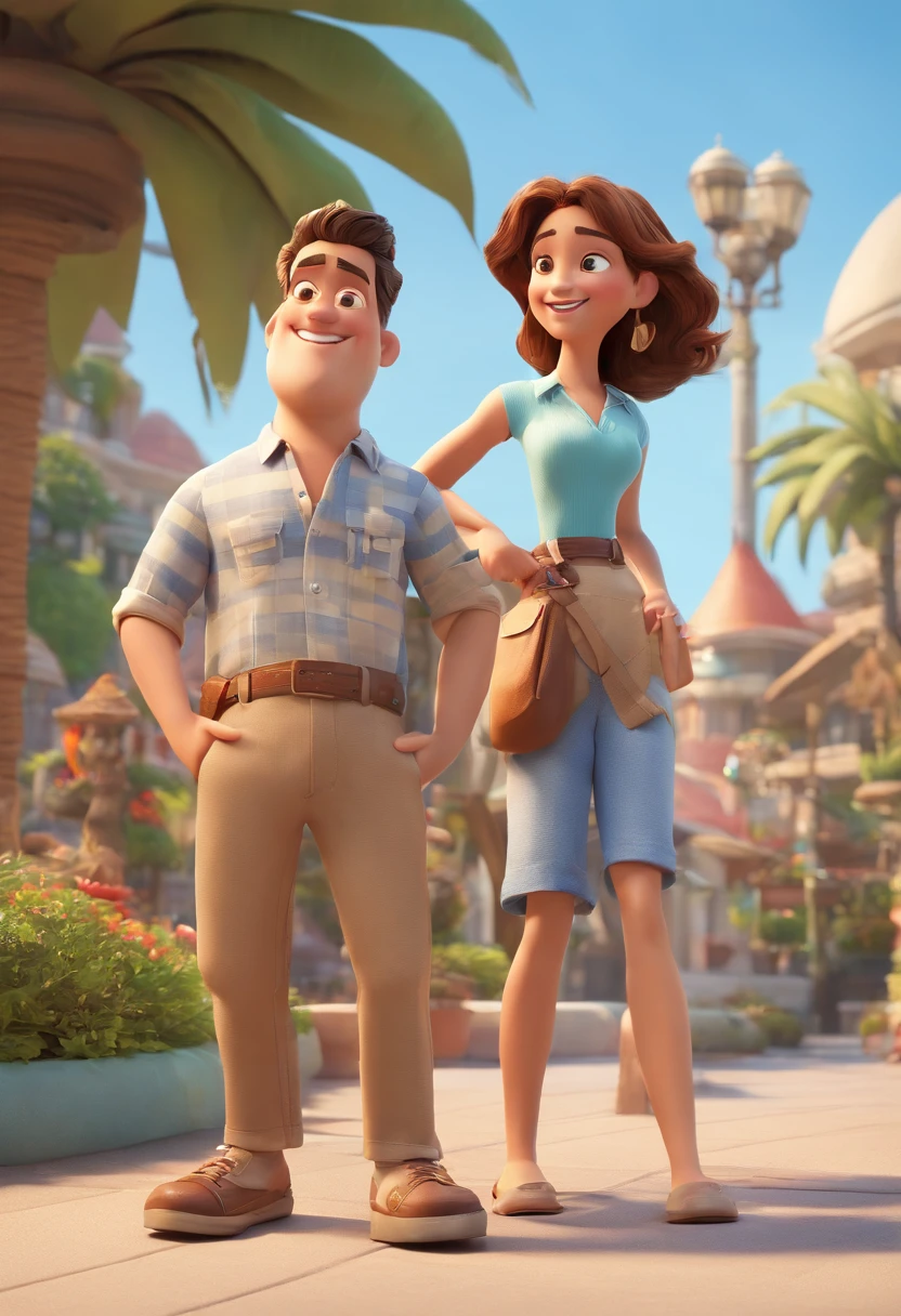 Cartoon of friends having fun on vacation together, 3D Animation Movie Poster, Poster de filme animado, pixar 3 d animation style, pixar renderman rendering, maia 8 mil, animated film, Disney Pixar Estilo 3D, amigos felizes saem juntos, all wearing light blue shirts and cream brown long pants, camisa azul clara, cream brown pants, ao ar livre, vacation, Disney Pixar Animation Poster