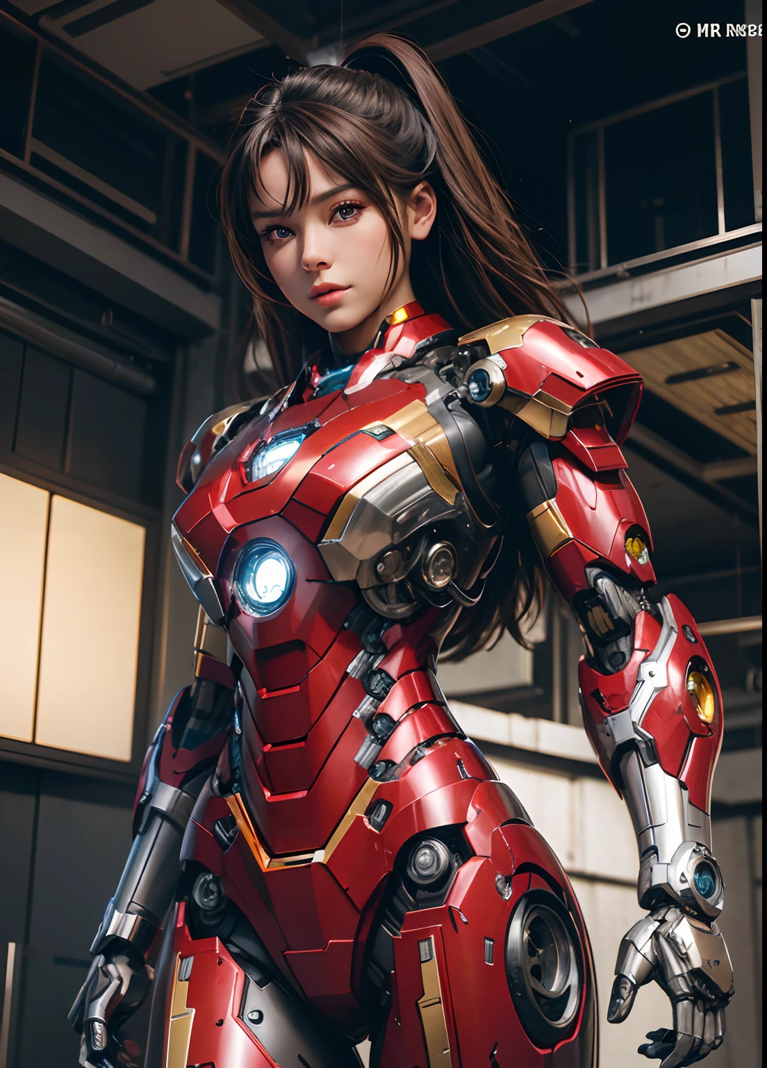 Highest quality　8k Iron Man suit girl　Elementary school girl　Sweaty face　cute　short hair　boyish　Steam coming from the head　My hair is wet with sweat　Black hair feel　Full body portrait