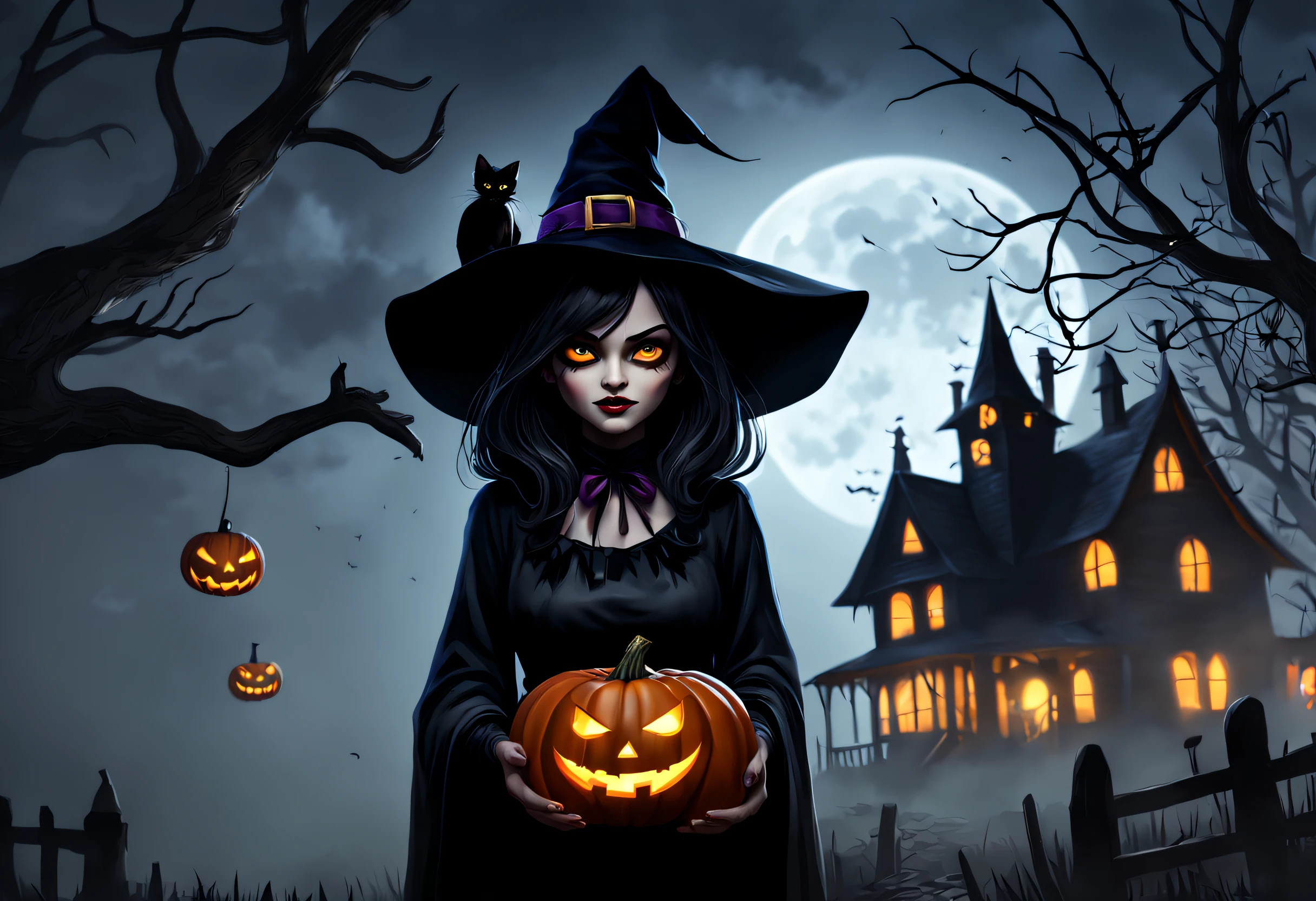 (best quality,4k,8k,highres,masterpiece:1.2),ultra-detailed,(realistic,photorealistic,photo-realistic:1.37),Halloween illustration,witch,in the moonlight,haunted house,spooky trees and fog,dark and mysterious,full moon,creepy pumpkins,jack-o'-lanterns,glowing eyes,bats flying,witch's broom,cobwebs,vivid colors,spiderweb,witch's hat,black cat,scary,full of suspense,moonlit sky,shadows,scarecrow,magic,witch's brewing pot,black cauldron,witch flying on a broomstick,haunting atmosphere