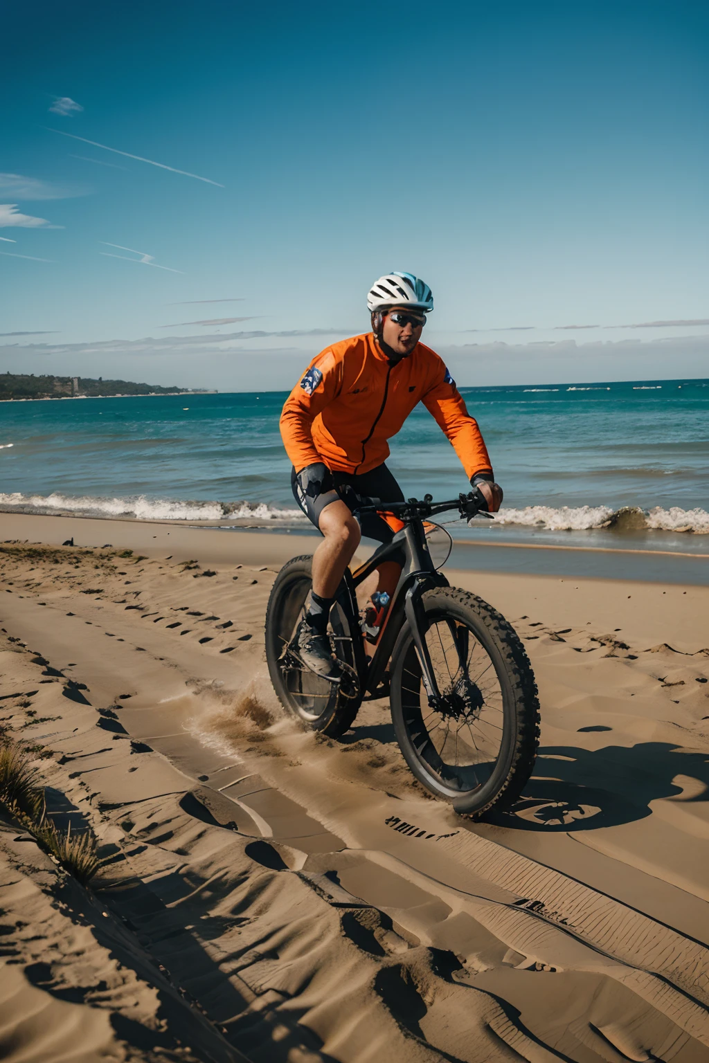 illustration of a man cycling through the beach on a fat bike bicycle with bold tyres in graffiti style high res