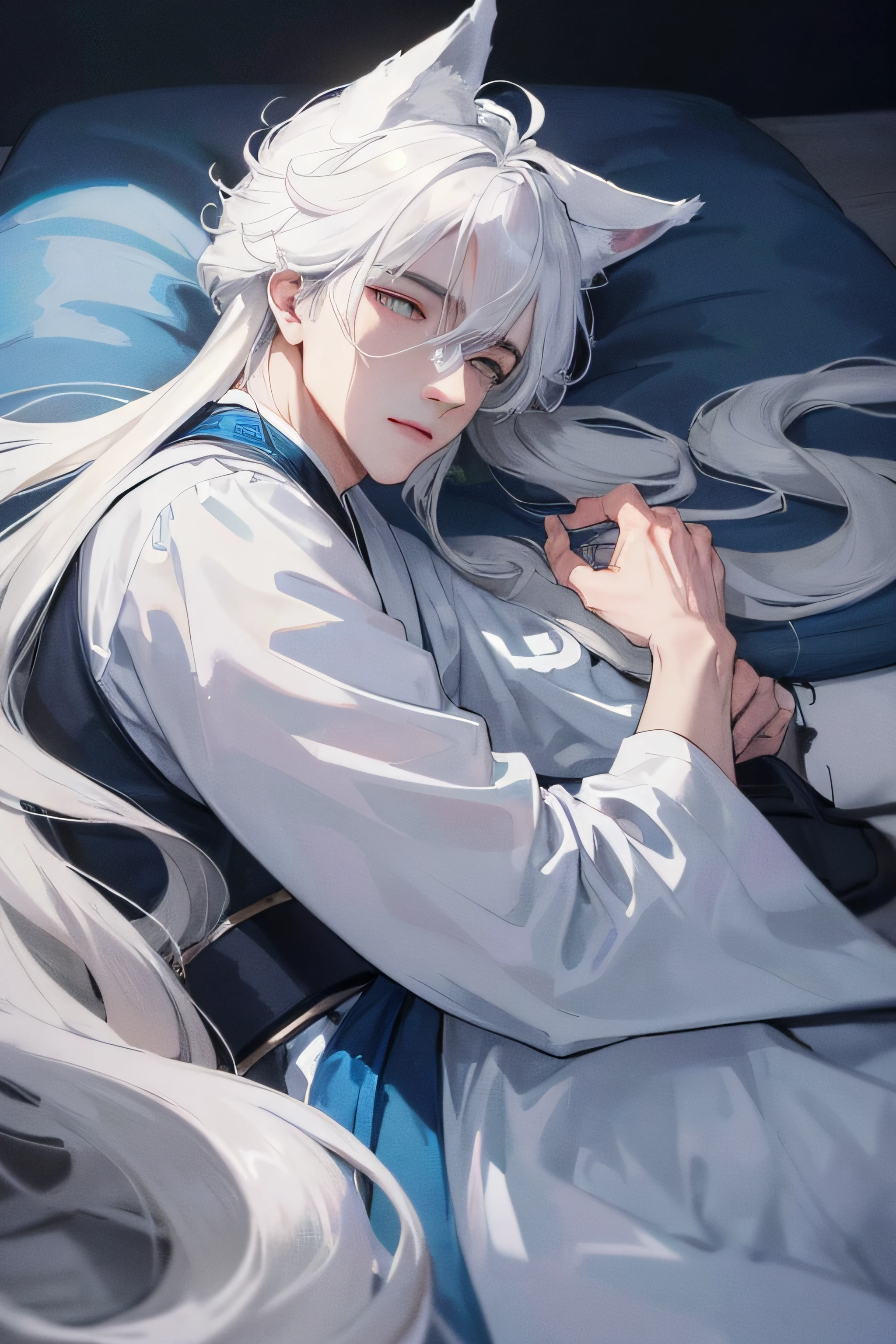 Masterpiece，Best quality，exquisit facial detail，soio，White-haired fox，fox ear，Blue and white Hanfu，Immortals，solo person，Gray eye，mature，Handsome，male people，Lie down，sleep，Loose hair and clothes，Comfortable nights，Exquisite facial details,Dark background，the night，a sense of atmosphere，snow landscape