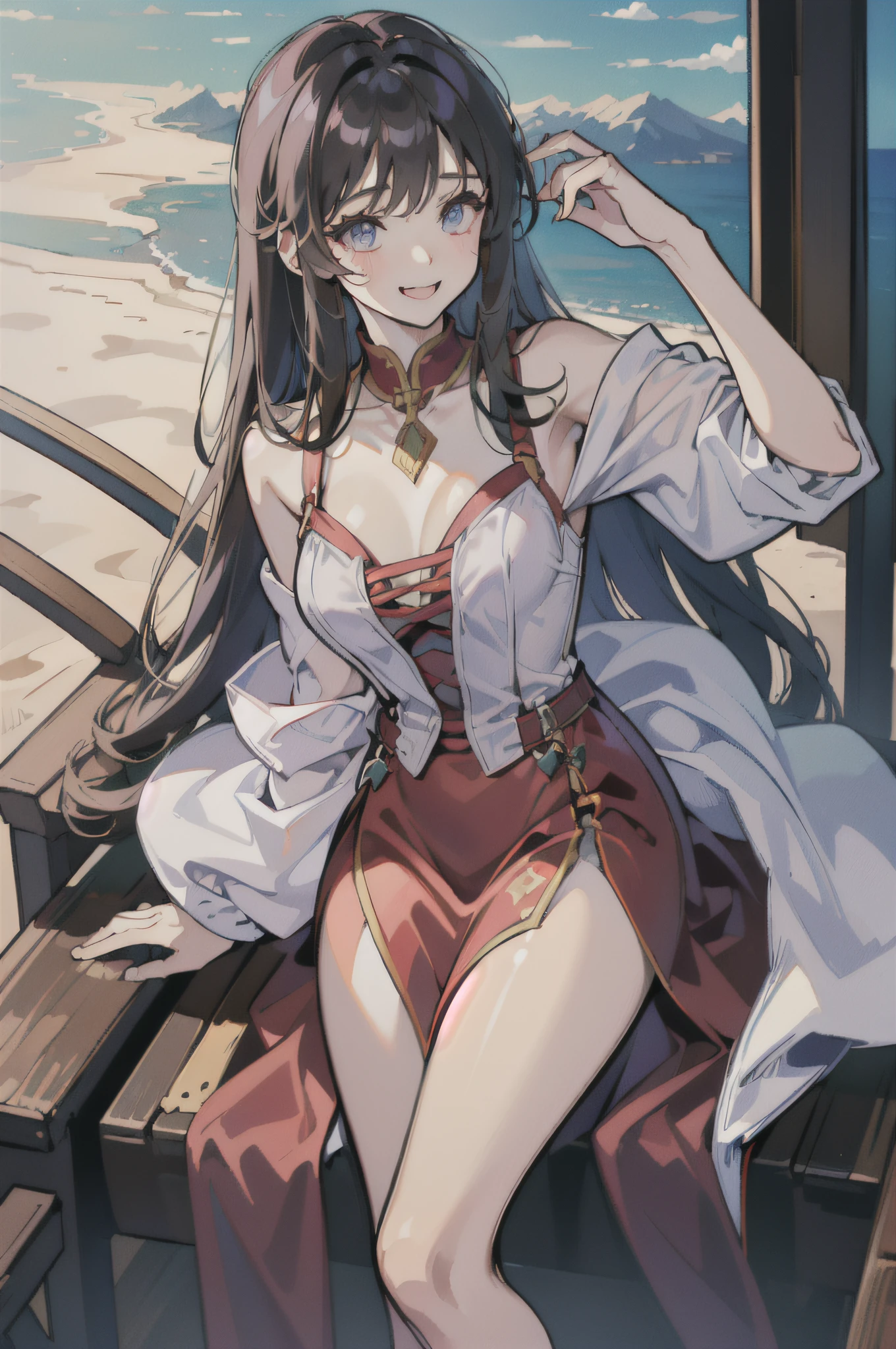 (in 8K、top-quality、masterpiece:1.2)、1人の女性、(Smiling smile:1.1)、beautidful eyes、Valley、The upper part of the body、shorth hair、Like a boy、Colossal tits、Purple View、