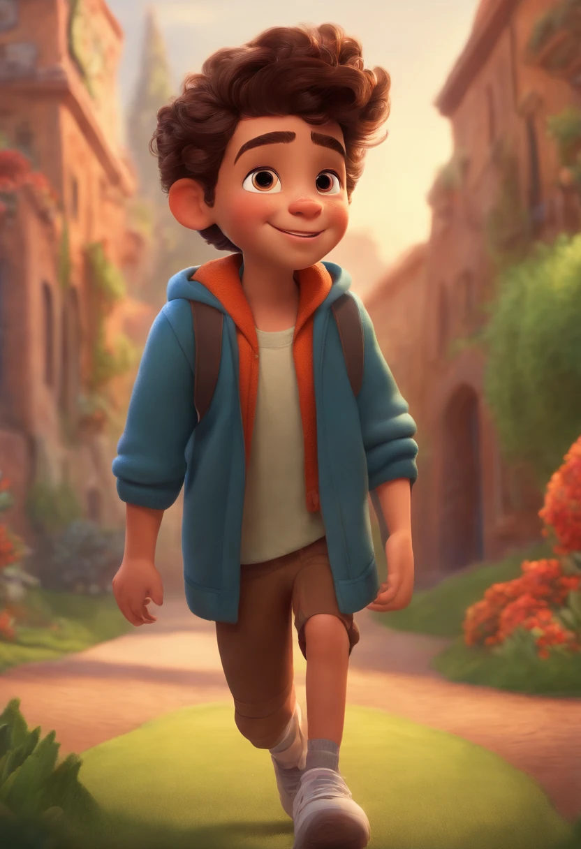 Image of a boy for a story in a YouTube video in Pixar format, He's the little allabester, He's the class leader, He's outgoing, Playful and gets up for a lot of things, cabelo curto