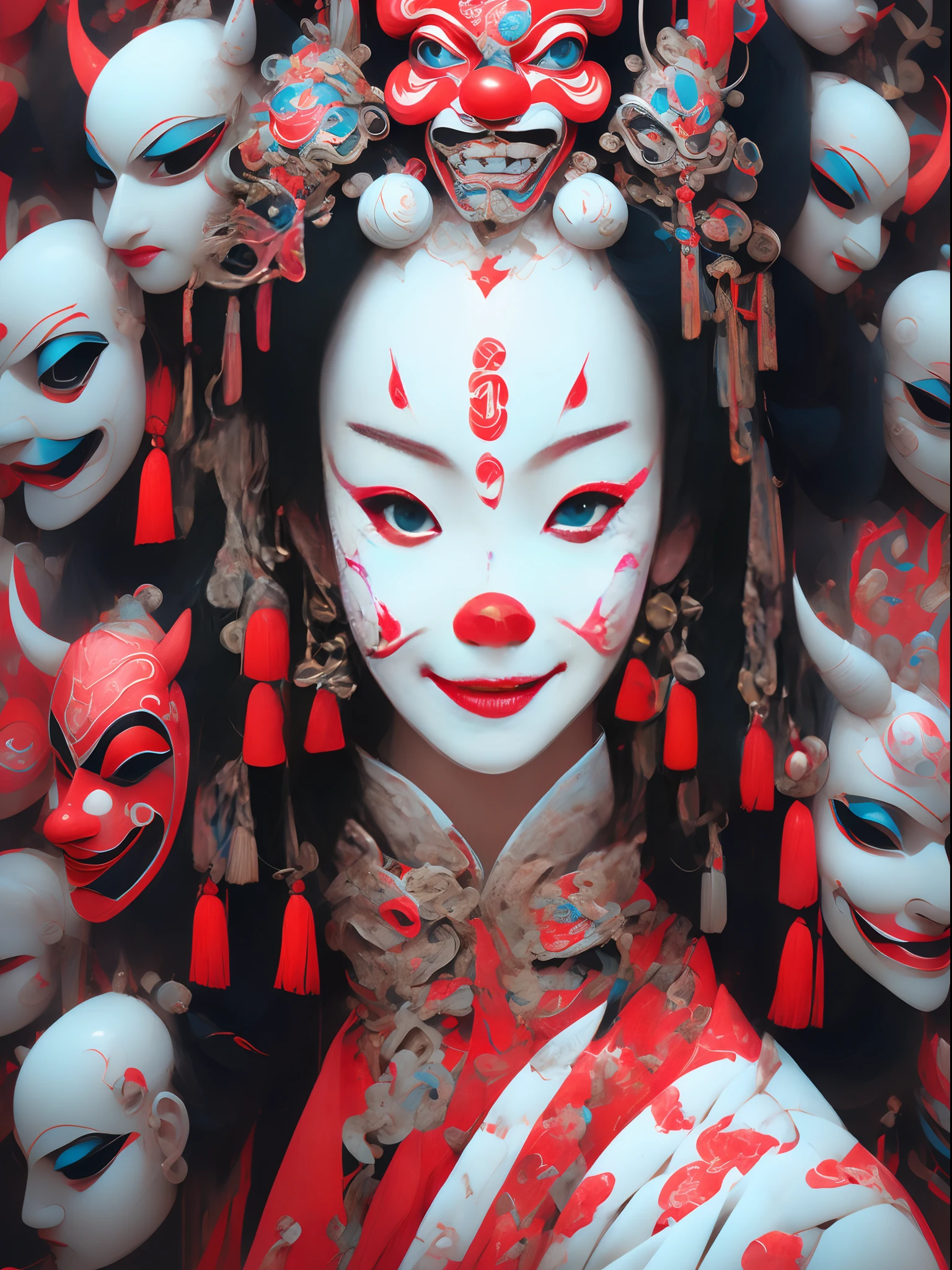 （Close-up of a Sichuan opera clown actor），The clown mask on the left side of the face，The right side is painted with a Peking Opera mask，Left and right asymmetry，Perfect integration