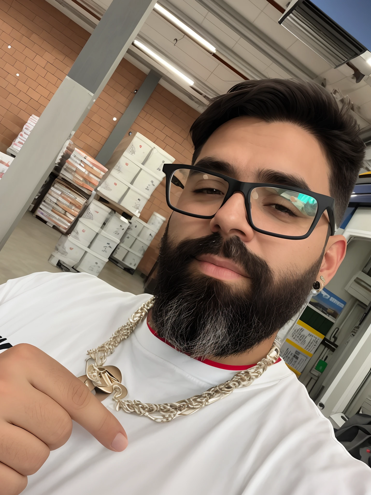 There's a man with a beard and glasses holding a chain, usando corrente de ouro, usando uma corrente, barba branca completa, usando correntes, Postagem no Reddit, Atarracado, usando uma corrente de ouro, barba cheia de prata, neck chains, joias rapper, Fotografia selfie 8k, usando uma bandana e corrente, imagem de perfil, instagram post, taken in the early 2020s