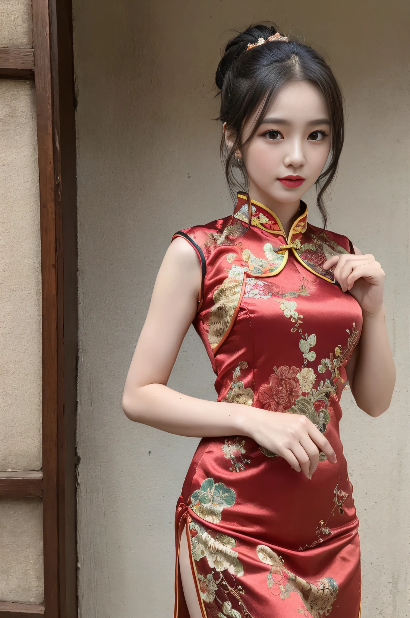 ((Best Quality, 8K, Masterpiece: 1.3)), Focus: 1.2, Wearing Traditional Chinese Costume, Cheongsam, Sleeveless, Split End, Full Body Photo, Standing Pose, Cafe Wall, Highly Detailed Facial and Skin Texture, Detailed Eyes, Double Eyelids, Whitened Skin, Long Ponytail