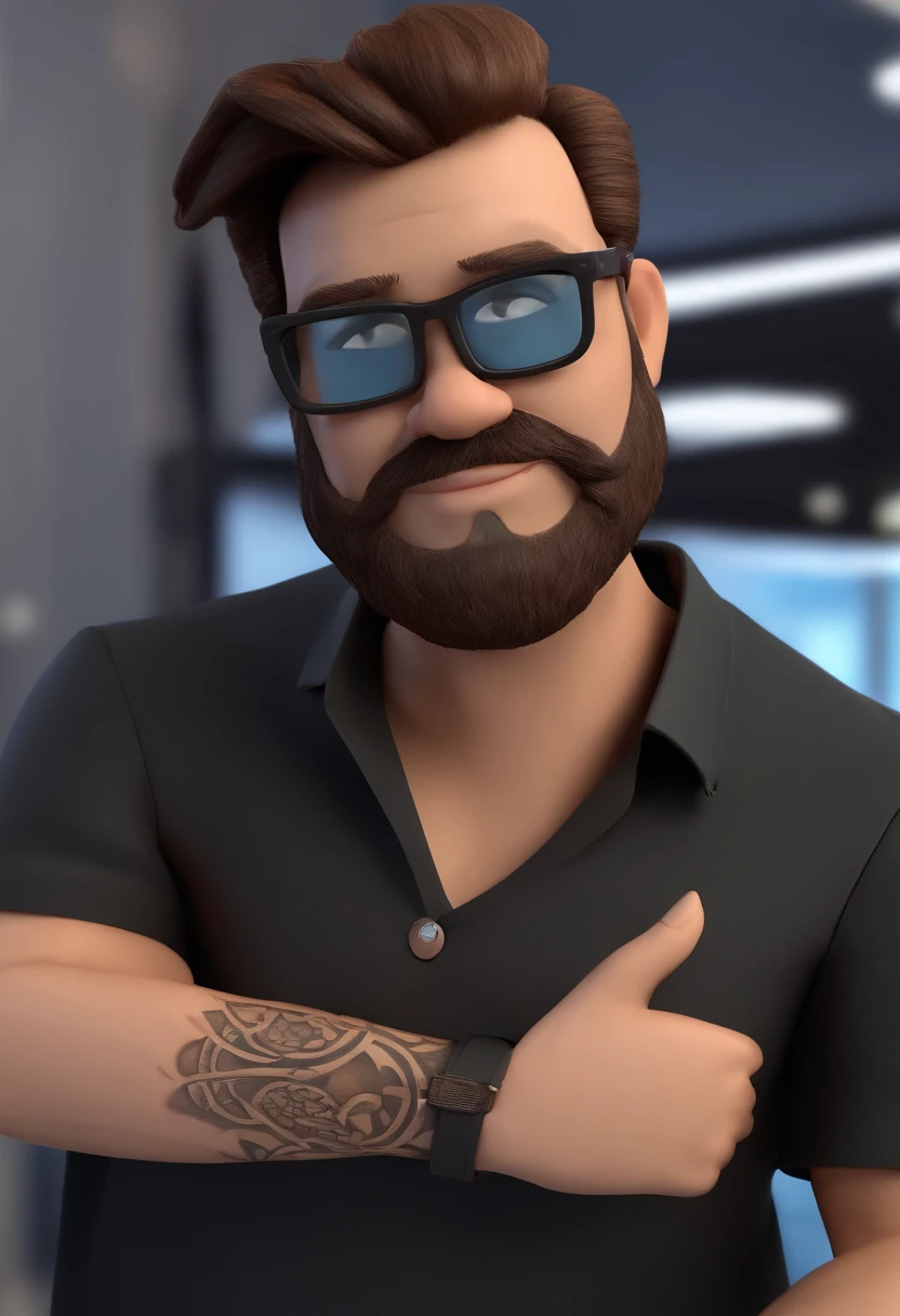 Cartoon character of a man with black glasses and a black polo shirt, cabelo liso, With beard and old school tattoo on his arm, SORRIDENTE E BONITO, animation character, Caractere estilizado, animation style rendering, 3D estilizado, Arnold Maya render, 3 d render stylized, toon render keyshot, Personagem 3D, Personagem 3D, 3d rendering stylized, 3 d character render, personagem de desenho animado, Personagem de close up, Pose de personagem, (Estilo Pixar) (master part:1.2) (Bokeh) (best quality) (pele detalhada) (textura detalhada) (8k) (argila) (Cinematic lighting) (foco nítido