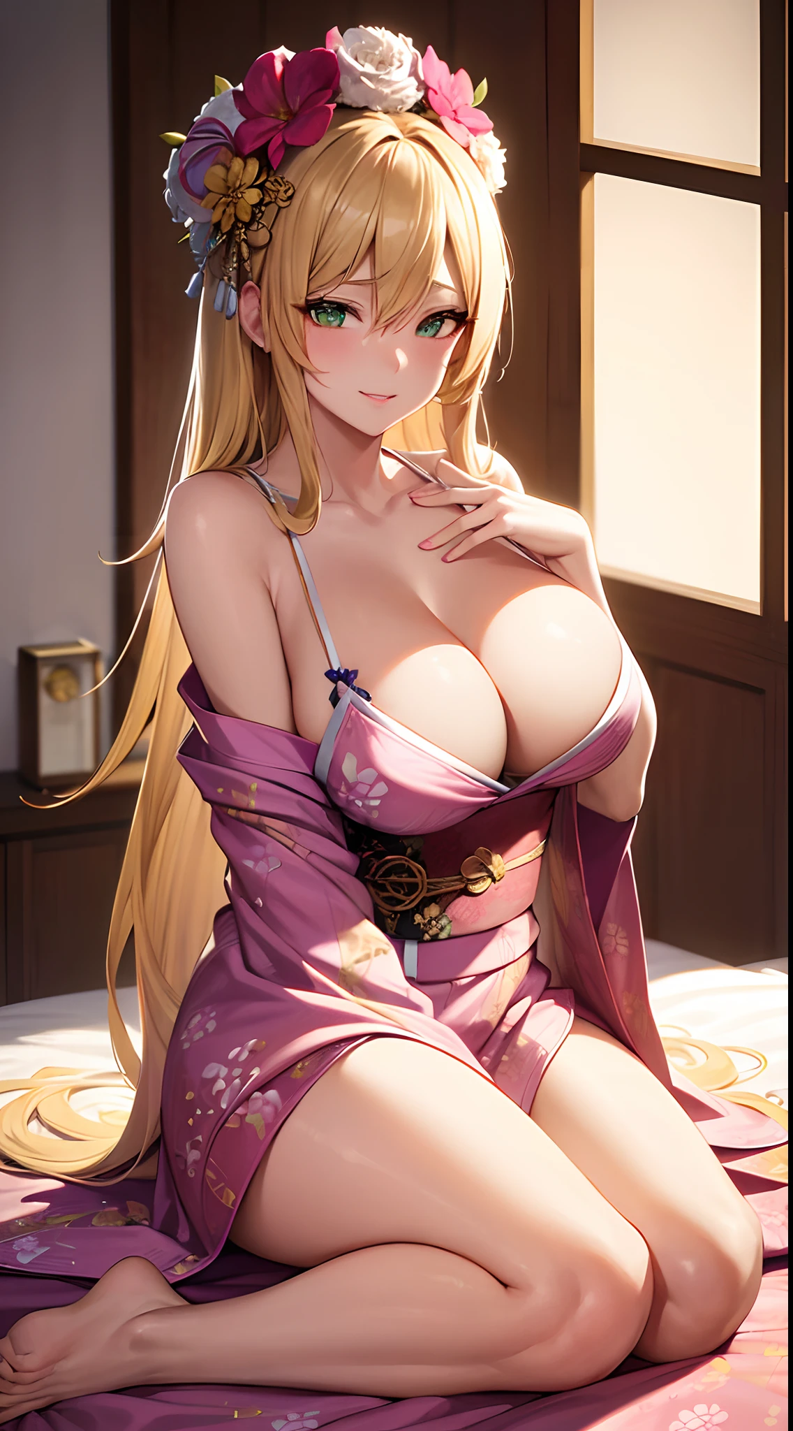 "masutepiece" ((One female)), Long Blonde Hair, Beautiful green eyes, Large chest, Patterned kimono, Kneeling on bed, Seductive smile, Blushing, (Alone), Bare legs, cleavage, tits out, Metallic Silk Kimono, Patterned kimono, flower in hair, Full lips, (shiny) (Pink and white kimono), Detailed finger, beautifull hands, Hyper realistic, Super Detailed Face, Detailed lips, Detailed eyes.