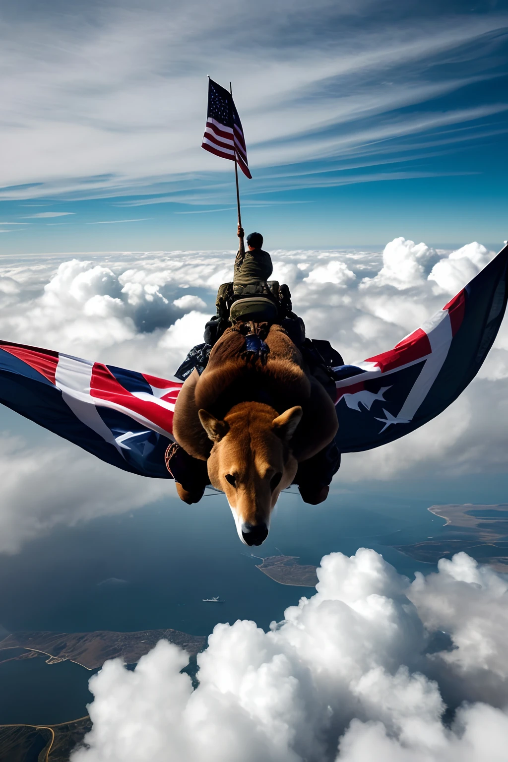 maximum quality, Advanced levels of detail and cinematic style I want the image of a man flying over the clouds holding a flag written Peace in the world,alta qualidade de detalhes,foto estilo outdoor