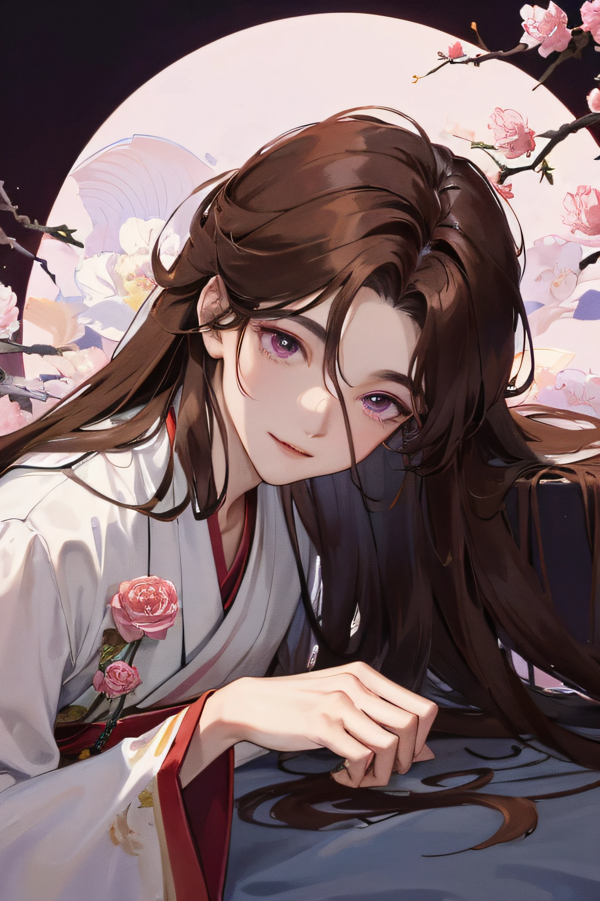 Masterpiece,Best quality,soio,cool guy,mtu,Peonies,Red and white Hanfu,Immortals,solo person,brown hair,Purple eye,Handsome,male people,Lie down,sleep,Loose hair and clothes,Comfortable nights,Exquisite facial details,Dark background,the night,a sense of atmosphere,ssmile