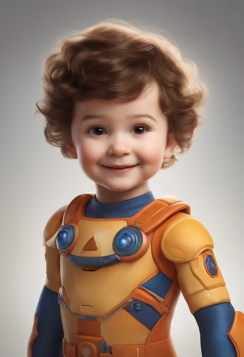 (a happy, cute with short hair, wearing a space costume, standing in front of a white background, smiling brightly, with a playful expression in the eyes, a mischievous grin, and a sense of joy radiating from the face, vestindo uma fantasia espacial, with a mischievous expression in his eyes and a bright smile, radiating a sense of joy from the face, dressed in a vibrant space costume with colorful patches, representing different intergalactic symbols, and sparkling stars, com uma fantasia espacial vibrante com remendos coloridos, depicting different intergalactic symbols and twinkling stars,),
(realistic, cartoon-style with Pixaresque vibes, detailed face with asymmetrical features, desenhado de forma realista, no estilo de desenho animado com vibes da Pixar, with a detailed face with asymmetrical features),
(a 3D model with high resolution, ultra-detailed textures, showcasing every intricate detail, a 3D model with high-resolution textures, exibindo todos os detalhes intrincados),
(bright and vivid colors, bringing a sense of liveliness and energy to the image, cores vivas e vibrantes, Bringing a sense of liveliness and energy to the image),
(studio lighting casting soft shadows on the child's face, emphasizing the contours and adding depth, and a hint of warm sunlight illuminating the surroundings, Studio lighting casting soft shadows on the child's face, enfatizando os contornos e adicionando profundidade, e um toque de luz solar quente iluminando os arredores),
(the background set against a clean white backdrop, enhancing the focus on the character and creating a minimalistic aesthetic, The background contrasts with a clean white backdrop, increasing the focus on character and creating a minimalist aesthetic).