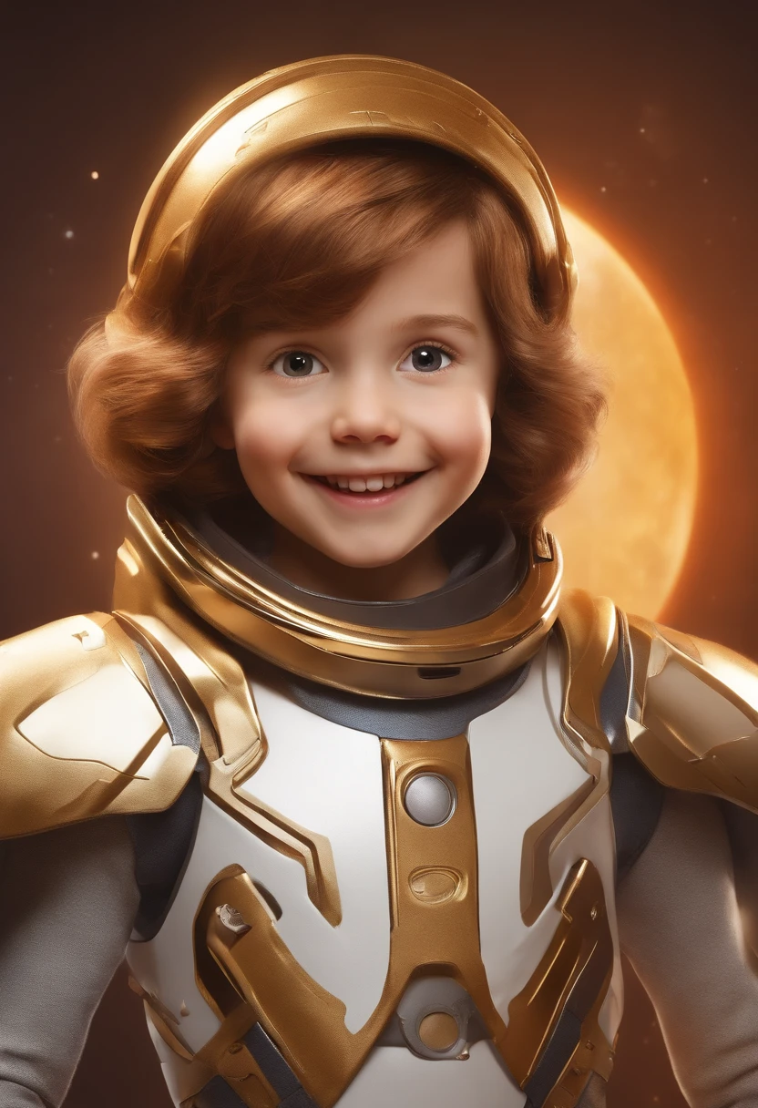 (a happy, cute kid with short hair, wearing a space costume, standing in front of a white background, smiling brightly, with a playful expression in the eyes, a mischievous grin, and a sense of joy radiating from the face, vestindo uma fantasia espacial, with a mischievous expression in his eyes and a bright smile, radiating a sense of joy from the face, dressed in a vibrant space costume with colorful patches, representing different intergalactic symbols, and sparkling stars, com uma fantasia espacial vibrante com remendos coloridos, depicting different intergalactic symbols and twinkling stars,),

(realistic, cartoon-style with Pixaresque vibes, detailed face with asymmetrical features, desenhado de forma realista, no estilo de desenho animado com vibes da Pixar, with a detailed face with asymmetrical features),

(a 3D model with high resolution, ultra-detailed textures, showcasing every intricate detail, a 3D model with high-resolution textures, exibindo todos os detalhes intrincados),

(bright and vivid colors, bringing a sense of liveliness and energy to the image, cores vivas e vibrantes, Bringing a sense of liveliness and energy to the image),

(studio lighting casting soft shadows on the child's face, emphasizing the contours and adding depth, and a hint of warm sunlight illuminating the surroundings, Studio lighting casting soft shadows on the child's face, enfatizando os contornos e adicionando profundidade, e um toque de luz solar quente iluminando os arredores),

(the background set against a clean white backdrop, enhancing the focus on the character and creating a minimalistic aesthetic, The background contrasts with a clean white backdrop, increasing the focus on character and creating a minimalist aesthetic).