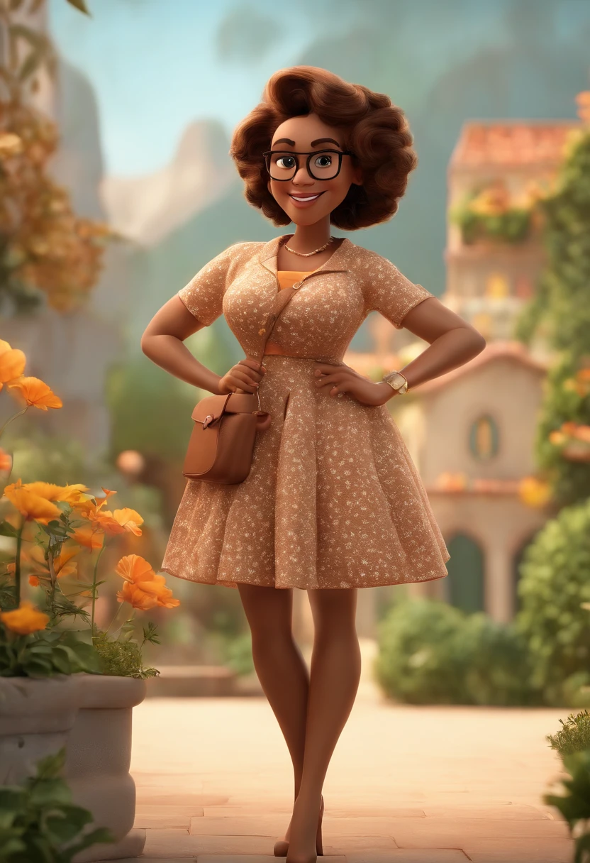Cartoon character of a woman wearing brown glasses and a flowery dress, dentro de uma sala de aula, trabalhando como professora, quadro branco ao fundo escrito "2nd A", um personagem animado, Caractere estilizado, animation style rendering, 3D estilizado, Arnold Maya render, 3 d render stylized, toon render keyshot, Personagem 3D, Personagem 3D, 3d rendering stylized, 3 d character render, personagem de desenho animado, Personagem de close up, Pose de personagem, (Estilo Pixar) (master part:1.2) (Bokeh) (best quality) (pele detalhada) (textura detalhada) (8k) (argila) (Cinematic lighting) (foco nítido,Senta e vaza a parte superior do corpo