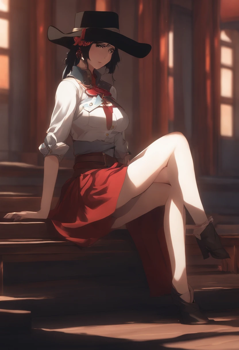 Beautiful, Masterpiece, Best quality, Extremely detailed face, Perfect lighting, 1girll, Solo, Mato Well Ryuko B, Chiyue, suspender skirt, crouched,Blush, Cowboy shot