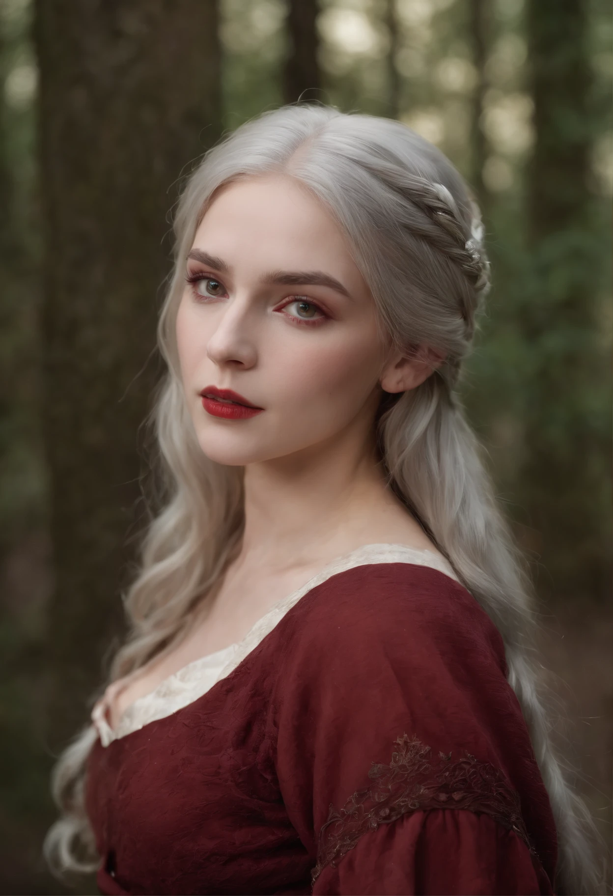 (((A deep red wound ran down his left cheek))) white complexion, A woman around 19 years old, Natural gray hair, Unique green eyes, Wear Cole, Slender and graceful, Beautiful, Candlelight in a medieval setting, super sharp focus, Realistic shooting, Medieval women's clothing, Quaternion (scar:1.4),bust